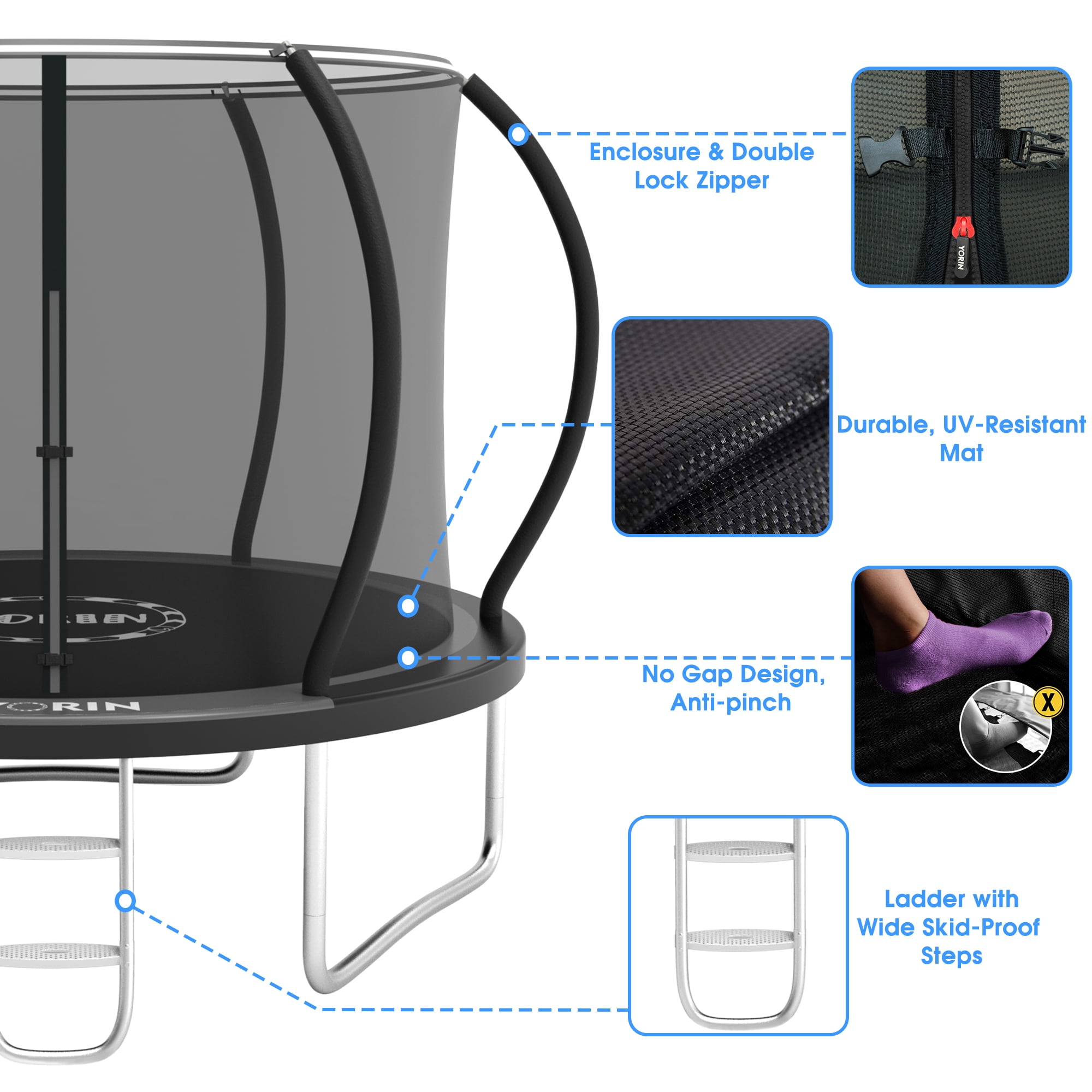 YORIN 10FT Round Recreational Trampoline with Enclosure Net, Ladder, and Safety Padding (1000 lb Capacity) t5cfj