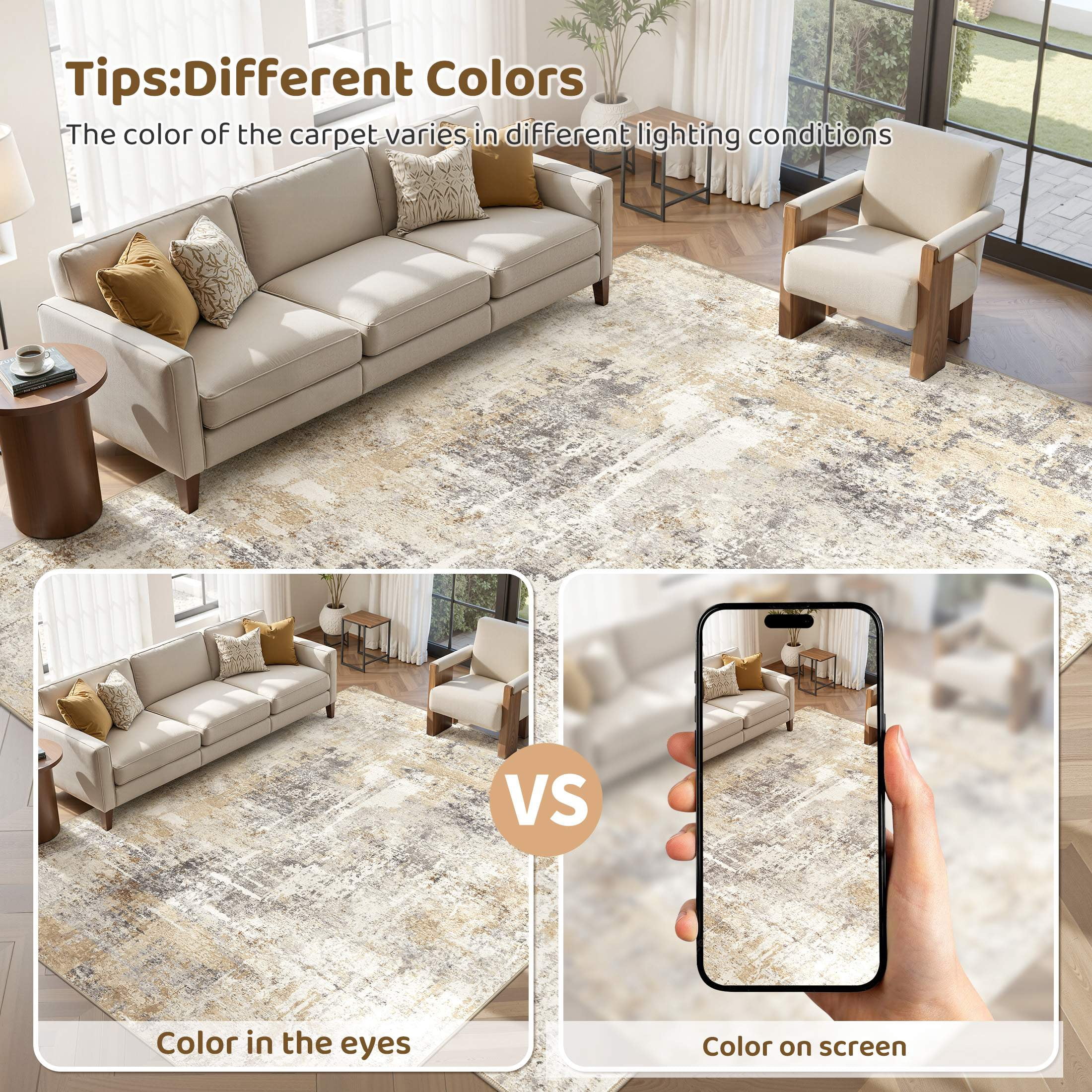 UERMEI Modern Abstract Area Rug, Washable Non-Slip Indoor Carpet for Living Room and Bedroom (Grey Gold, 8 ft x 10 ft) a46ns