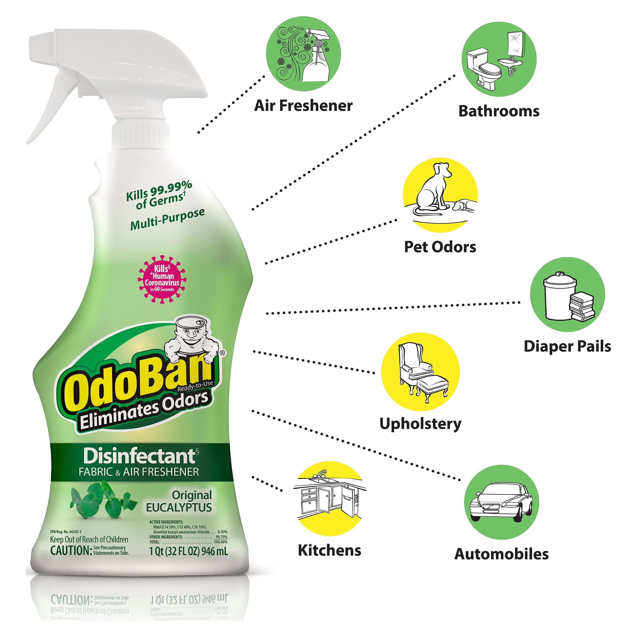 OdoBan Disinfectant and Odor Eliminator Multi-Purpose Cleaner (Original Eucalyptus Scent, 1 Gallon Concentrate and 32 oz Ready-to-Use Spray) 52hgw