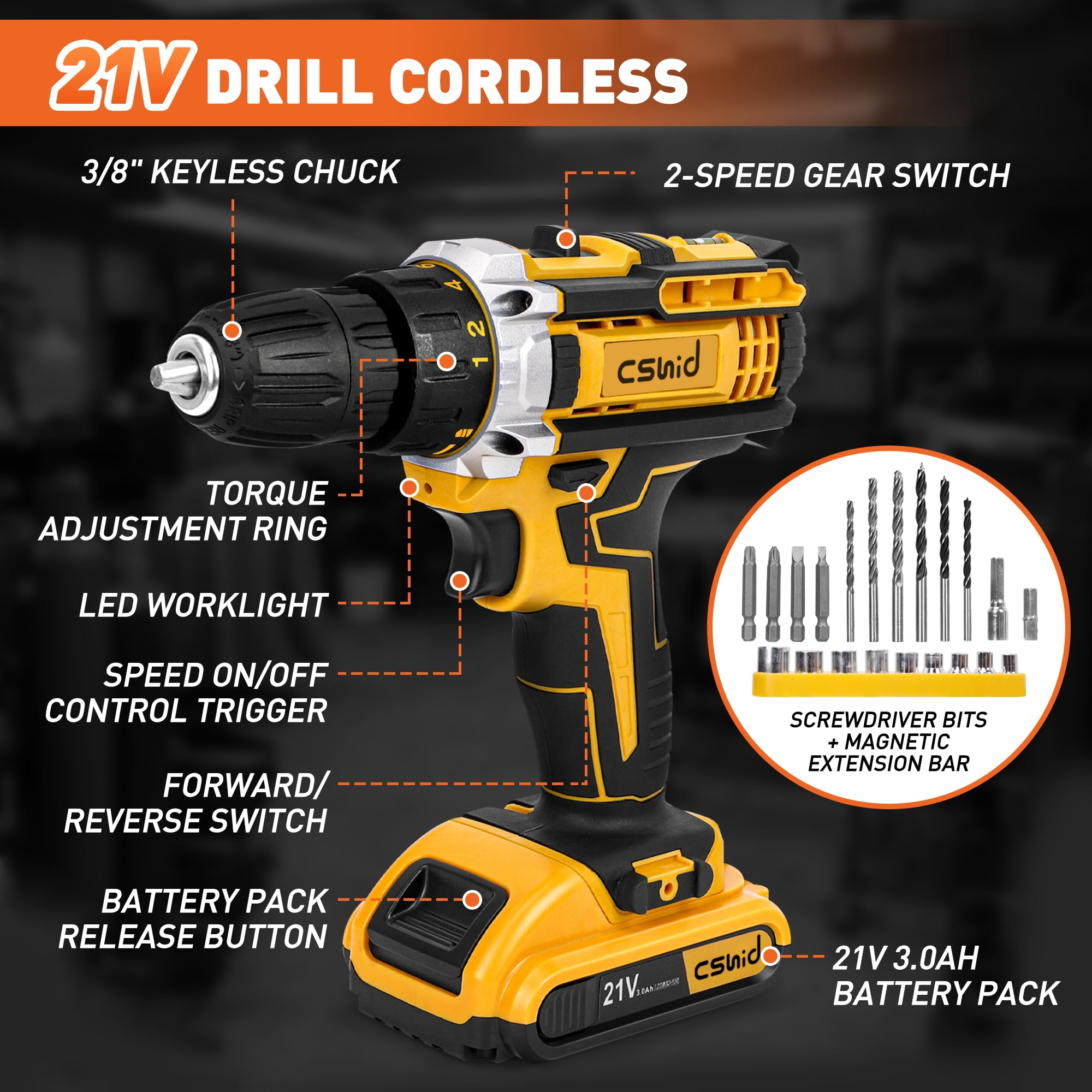 Cshidworld 21V Cordless Drill Power Tool Kit with 95-Piece Repair Set and Storage Case (Yellow, 95-Piece) 4po7p