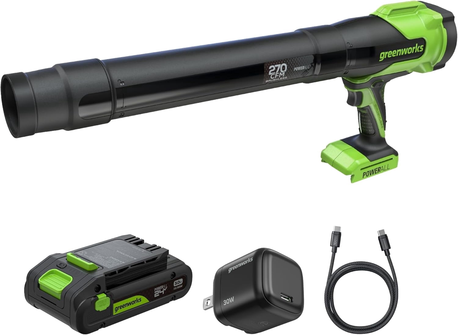 Greenworks 24V Brushless Compact Leaf Blower, High-Performance Yard Cleanup Tool (Green, 3.0Ah Battery and GaN Charger Included) oviqn