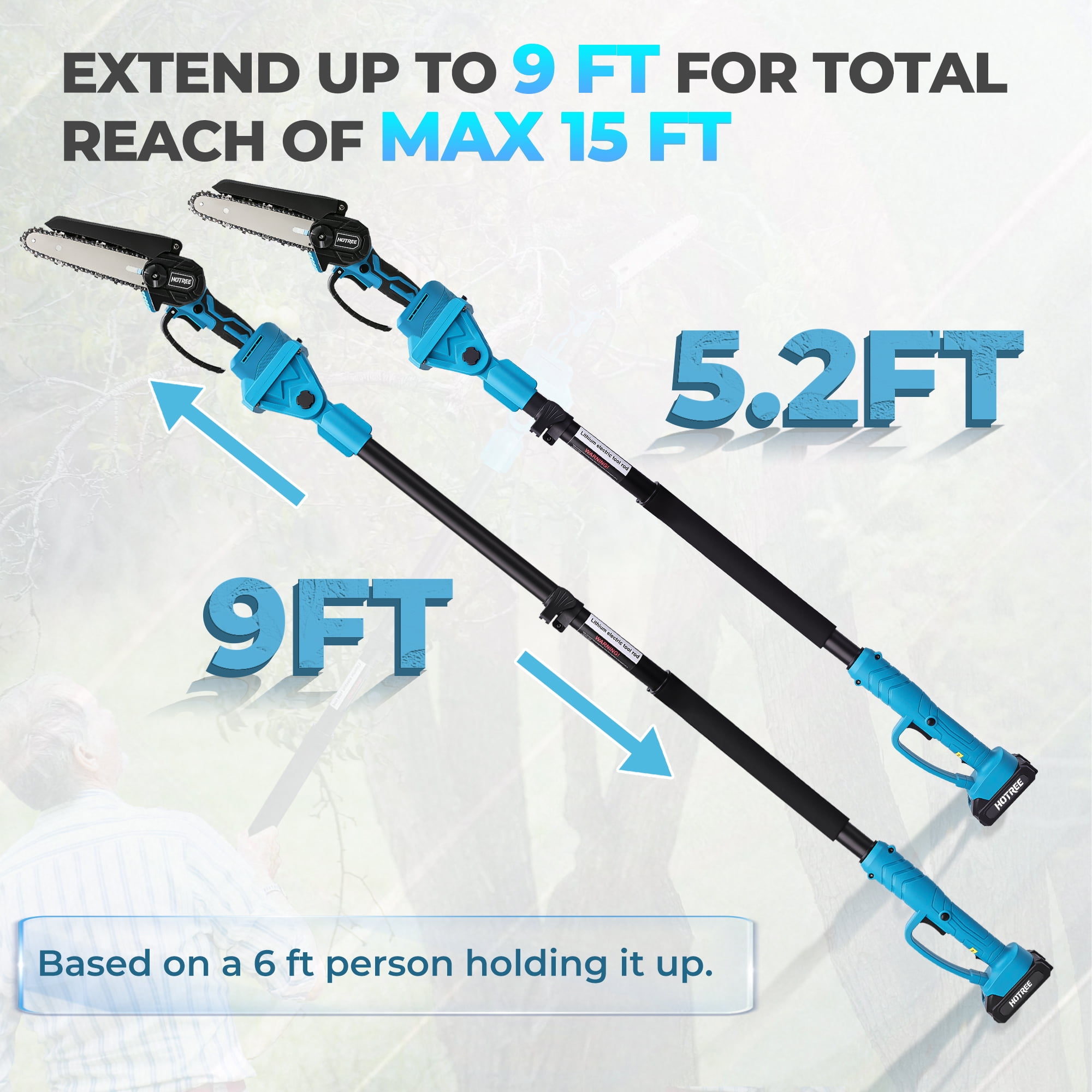 HOTREE 2-in-1 Cordless Pole Saw, 6-inch Mini Chainsaw with Adjustable Extension Pole (Blue, 15 ft Reach) lfu1u