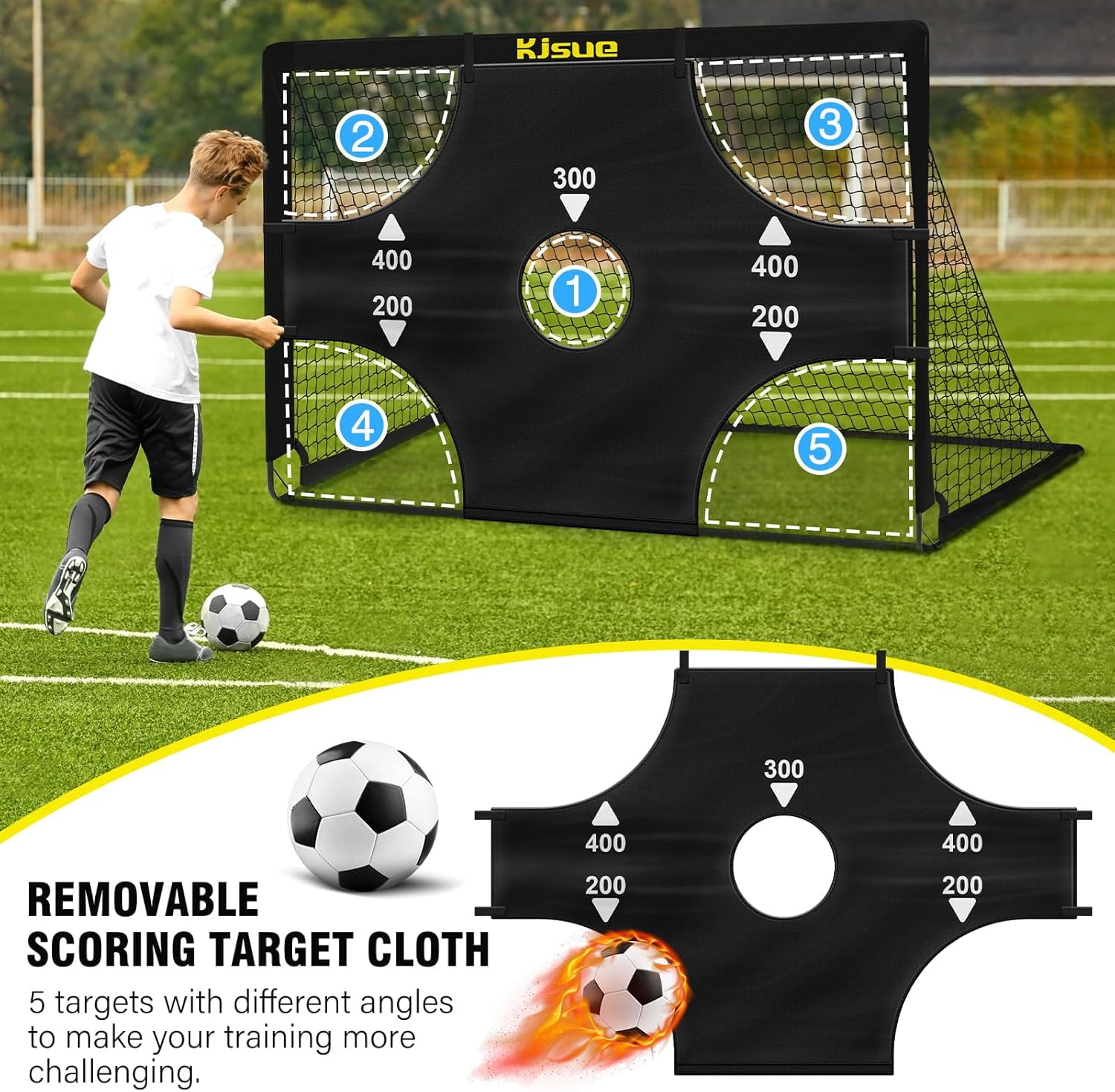 KJSUE Kids Soccer Goal Set, Portable Pop Up Soccer Nets with Target, Ball, Cones, and Carrying Bag (6 ft x 4 ft, 2-Pack) i6vd5