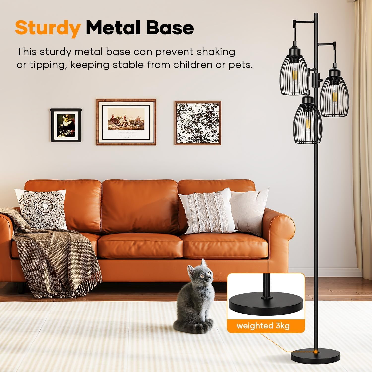 Generic Dimmable Industrial Floor Lamp, Farmhouse Tree Standing Light with 3 Teardrop Cages, Stepless Dimming (Black, 68 in) dg5ts