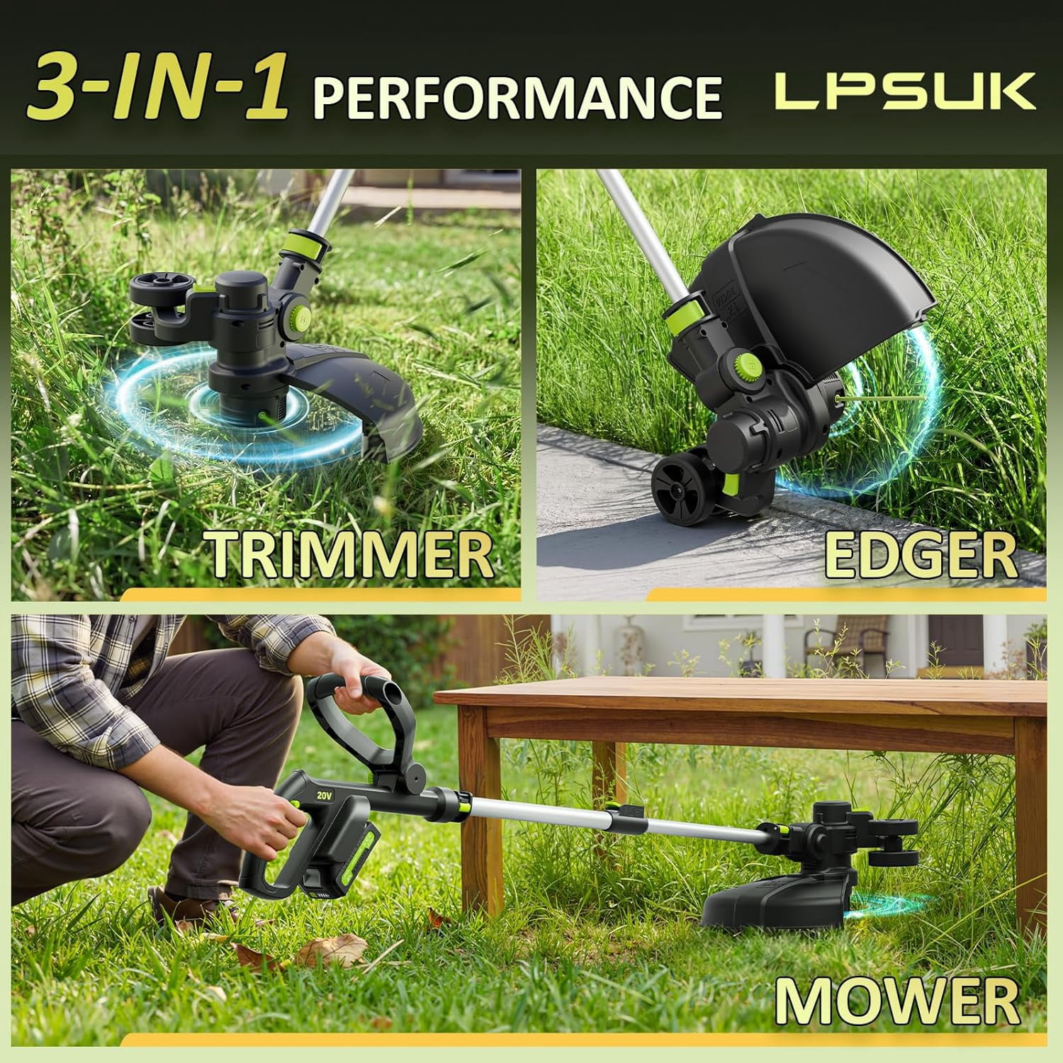 GarveeLife 20V Cordless String Trimmer & Lawn Edger, 12-Inch Electric Weed Wacker with 2 Batteries, 8 Spools & Wheels 933dg