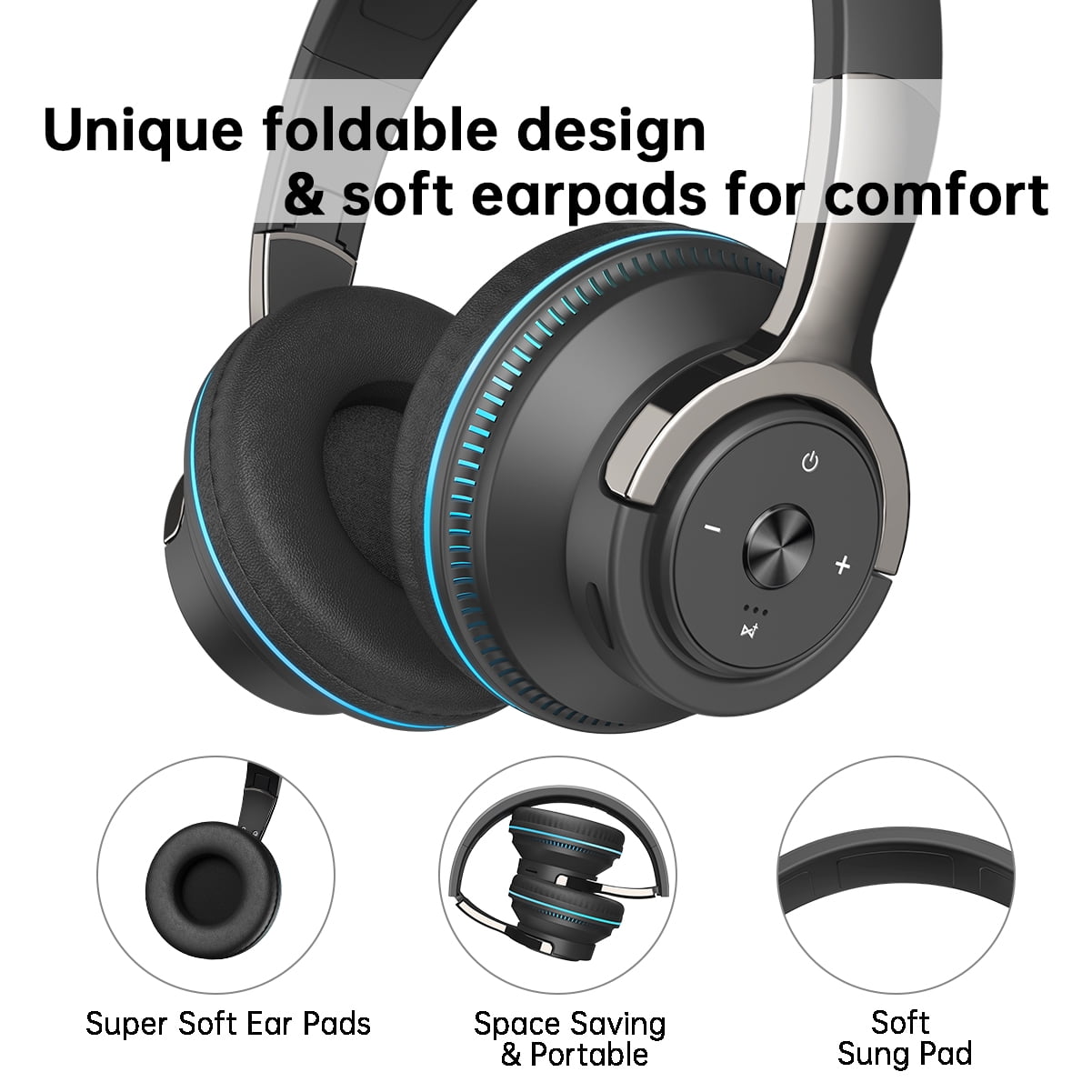 Cshidworld Wireless On-Ear Headphones, HiFi Stereo Bass Headset, Foldable Noise Isolating Design with Microphone and Volume Control (Black, 1 Pack) 9ga86