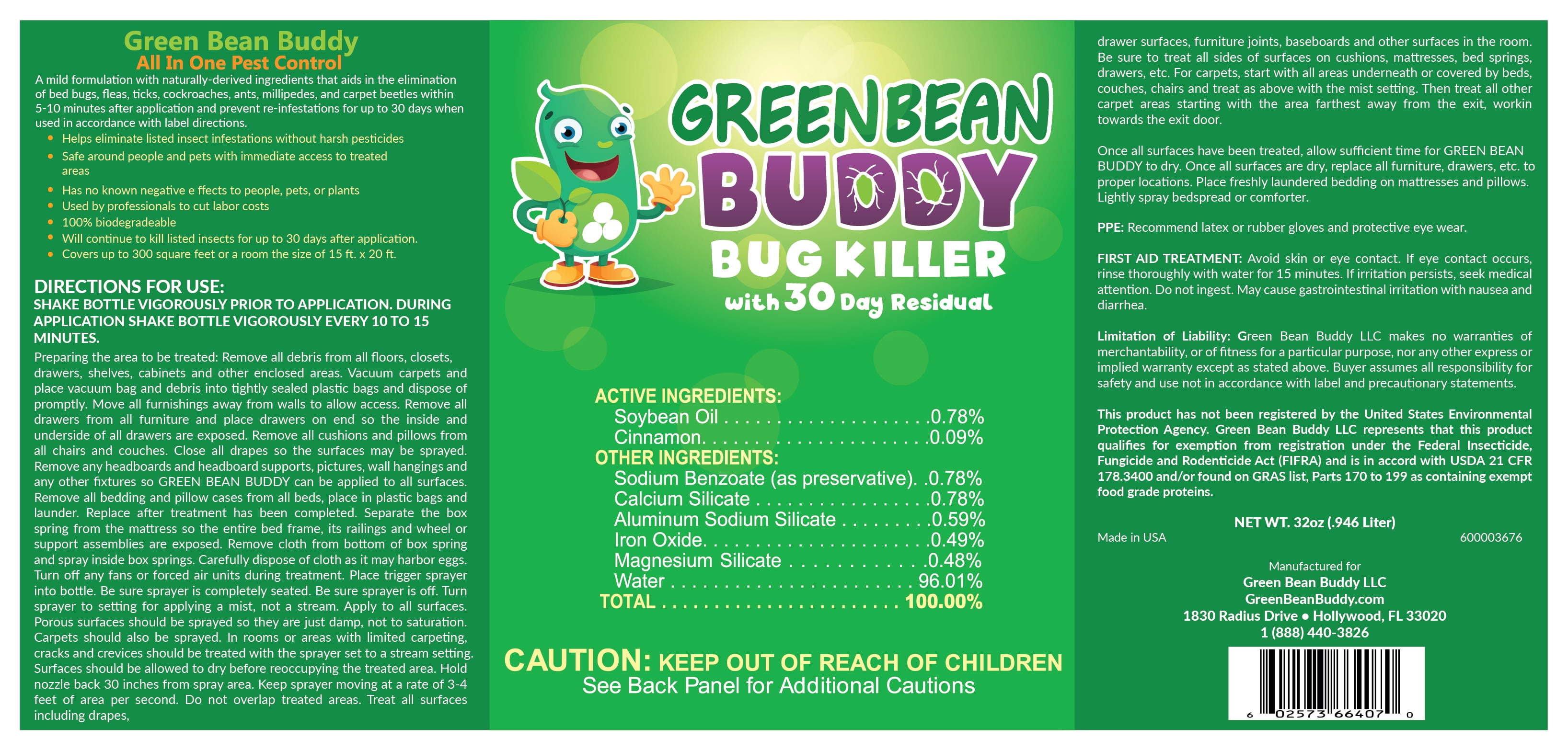 Green Bean Buddy Bed Bug, Flea, Tick, and Roach Killer Spray (Green, 32 oz) w2pmf