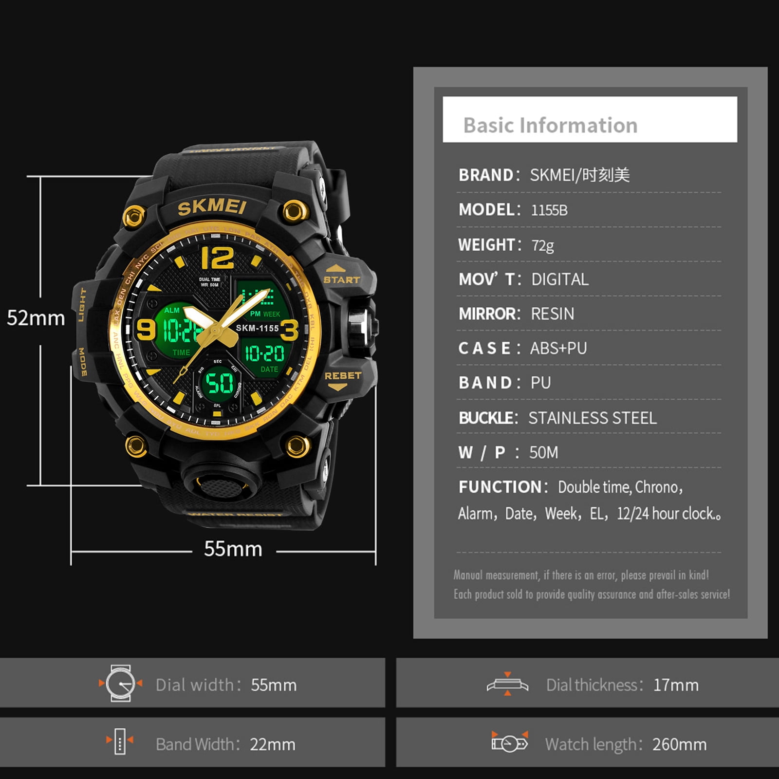 SKMEI Men's Digital Sports Watch, Large Face Military Style LED Display with Alarm and Stopwatch (Gold, 1.97 in) wu4s2