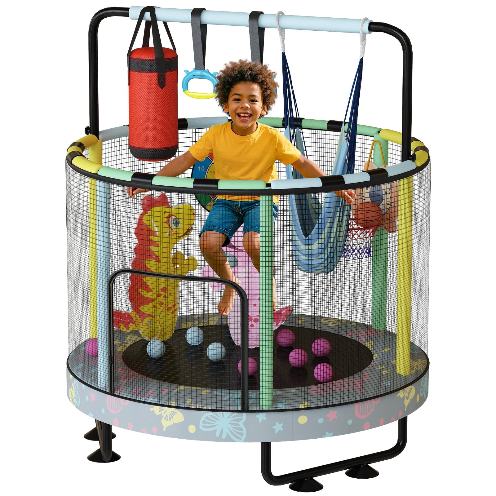 Mooseng Kids Trampoline with Safety Enclosure and Adjustable Handrail, 7-in-1 Activity Center (Yellow, 55 in) chyzk
