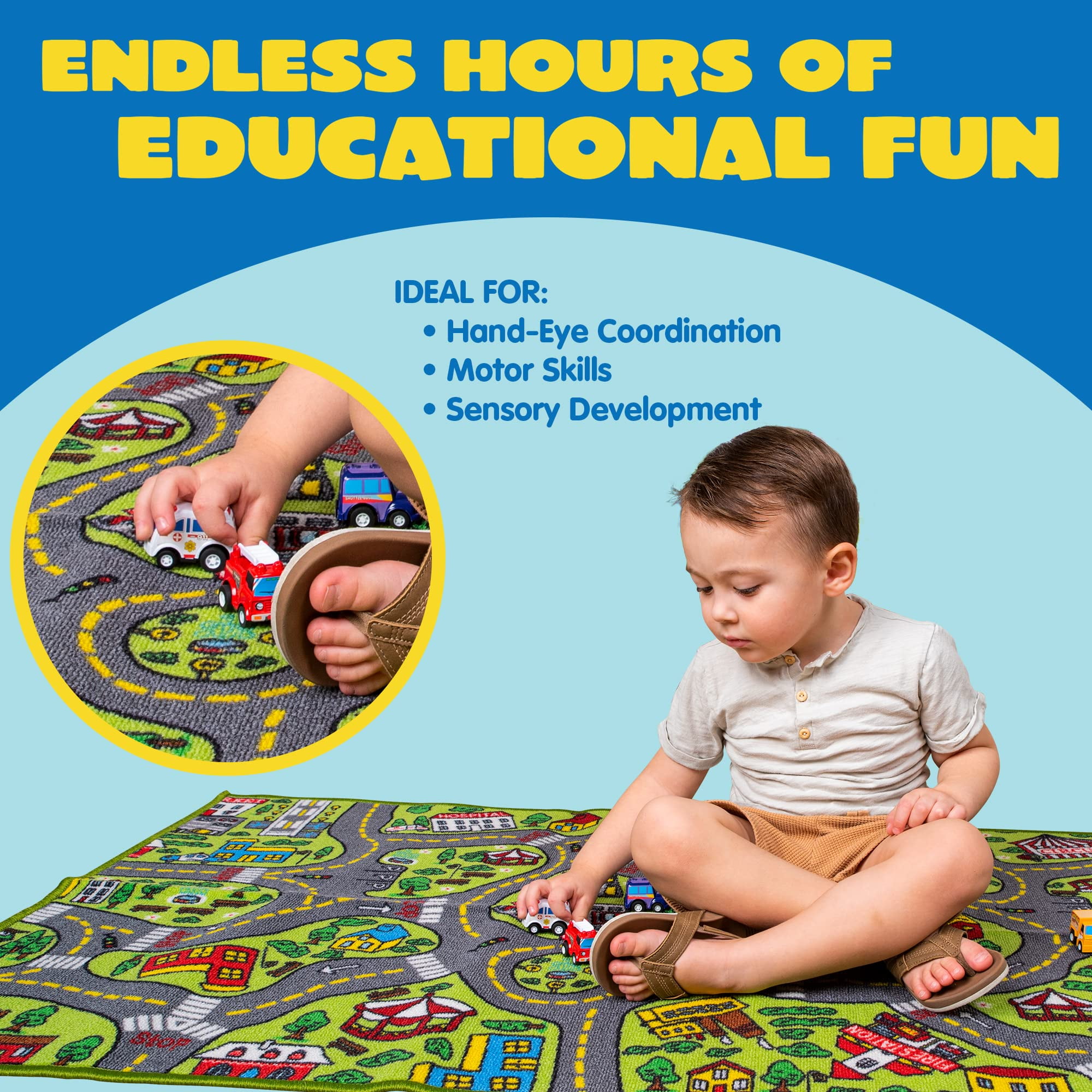 Joyfy City Theme Playmat Rug with 12 Mini Friction-Powered Vehicles (Multicolor, 58.5 in x 31.5 in) mfykd
