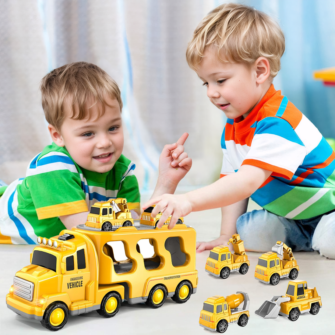 PayUSD 5-in-1 Construction Carrier Truck Set with Friction Power Vehicles (Yellow, 1 Set) qd7xg
