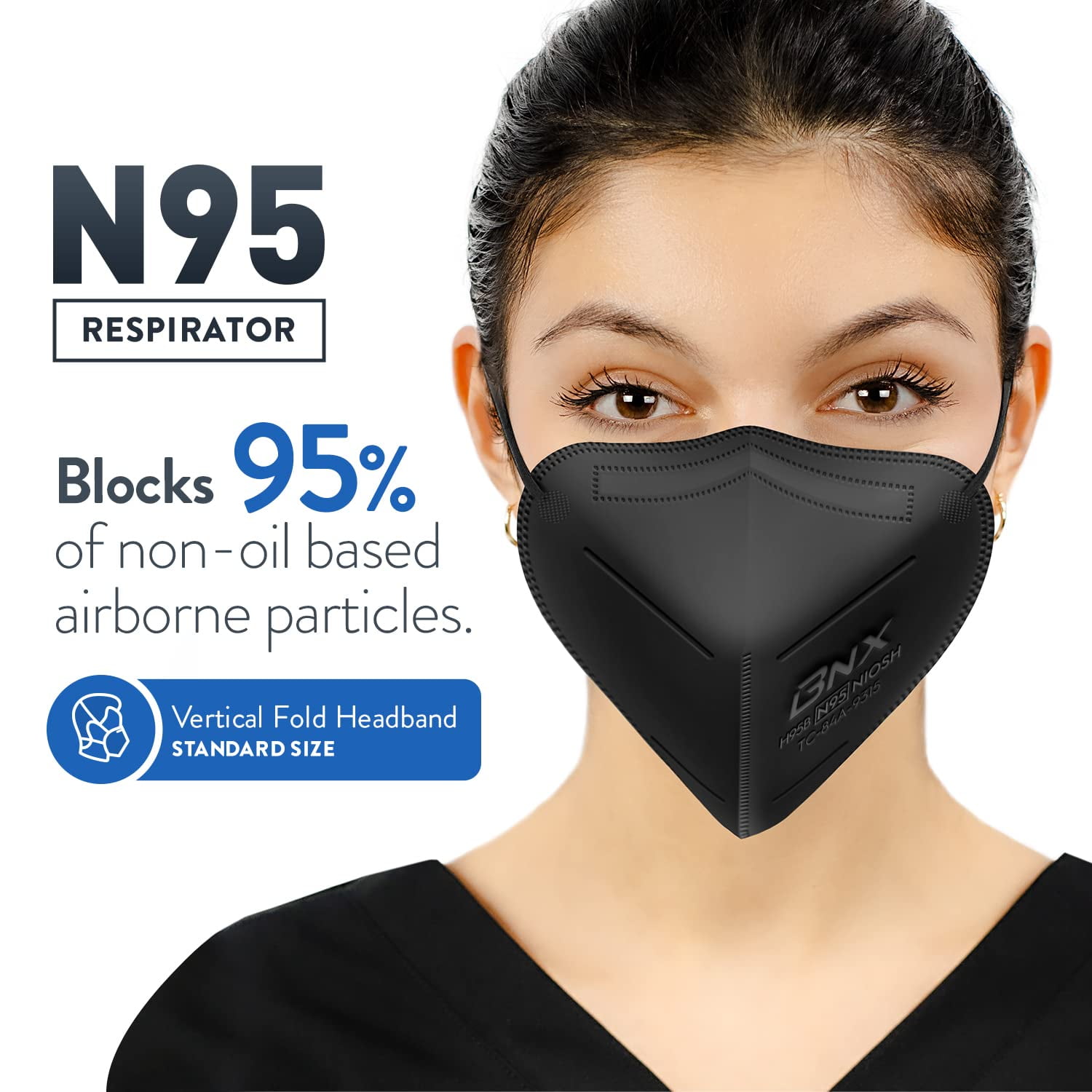 BNX N95 Respirator Face Mask, Protective Particle Filtering Mask with Adjustable Nose Piece (Black, 50-Pack) coed6