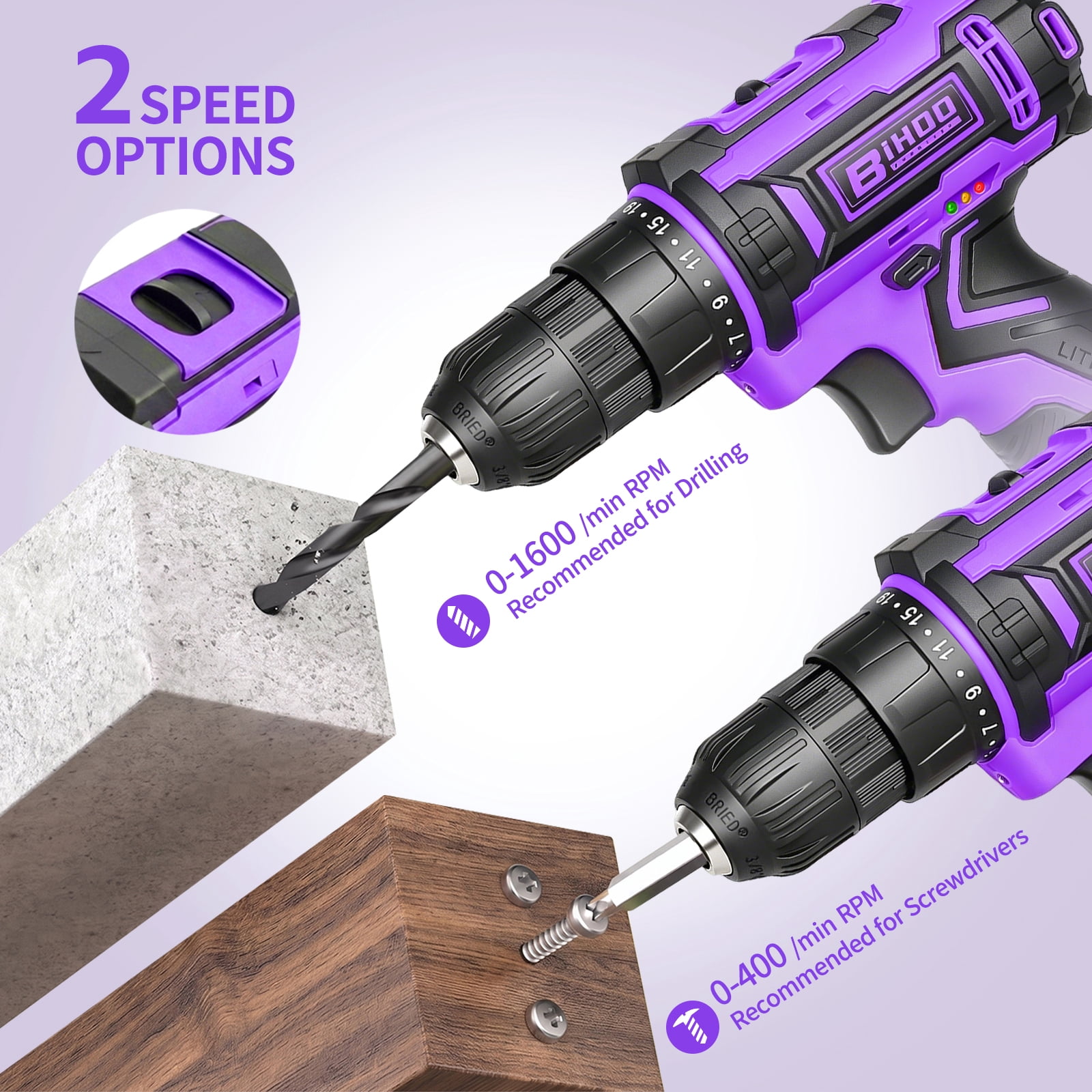 Loonpon 20V Cordless Power Drill Set with Battery and Charger (Purple, 3/8-Inch Chuck) yx8e0