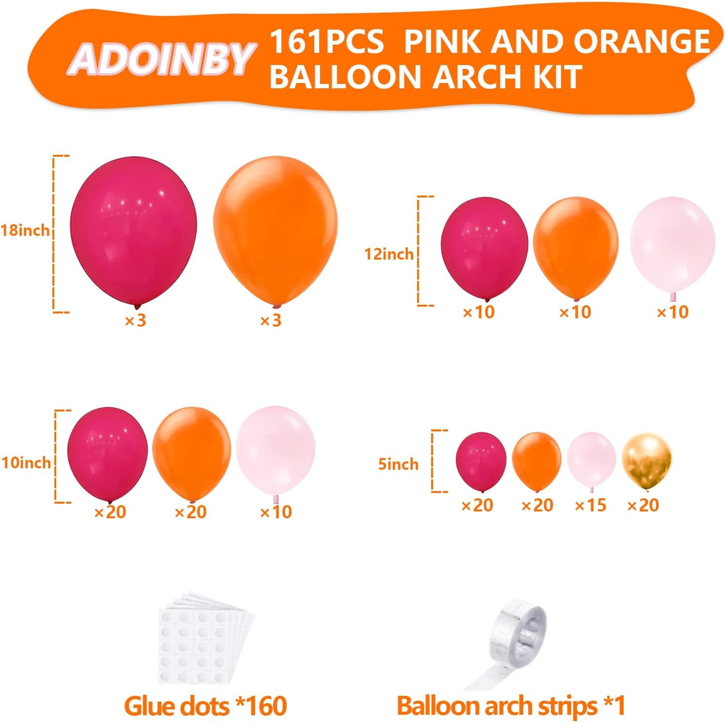 Generic Balloon Garland Arch Kit (161 Pieces, Pink and Orange, 18 in to 5 in Assorted Sizes) twmaz