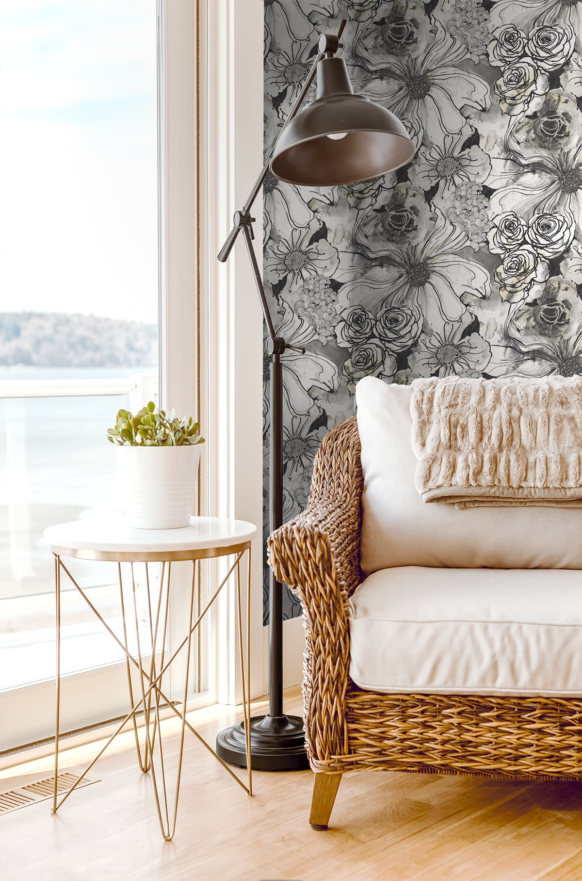 Harry & Grace Peel and Stick Wallpaper Floral Ink Rose Removable Wall Decor (Onyx, 20.5 in. W x 18 ft. L) w6ag1