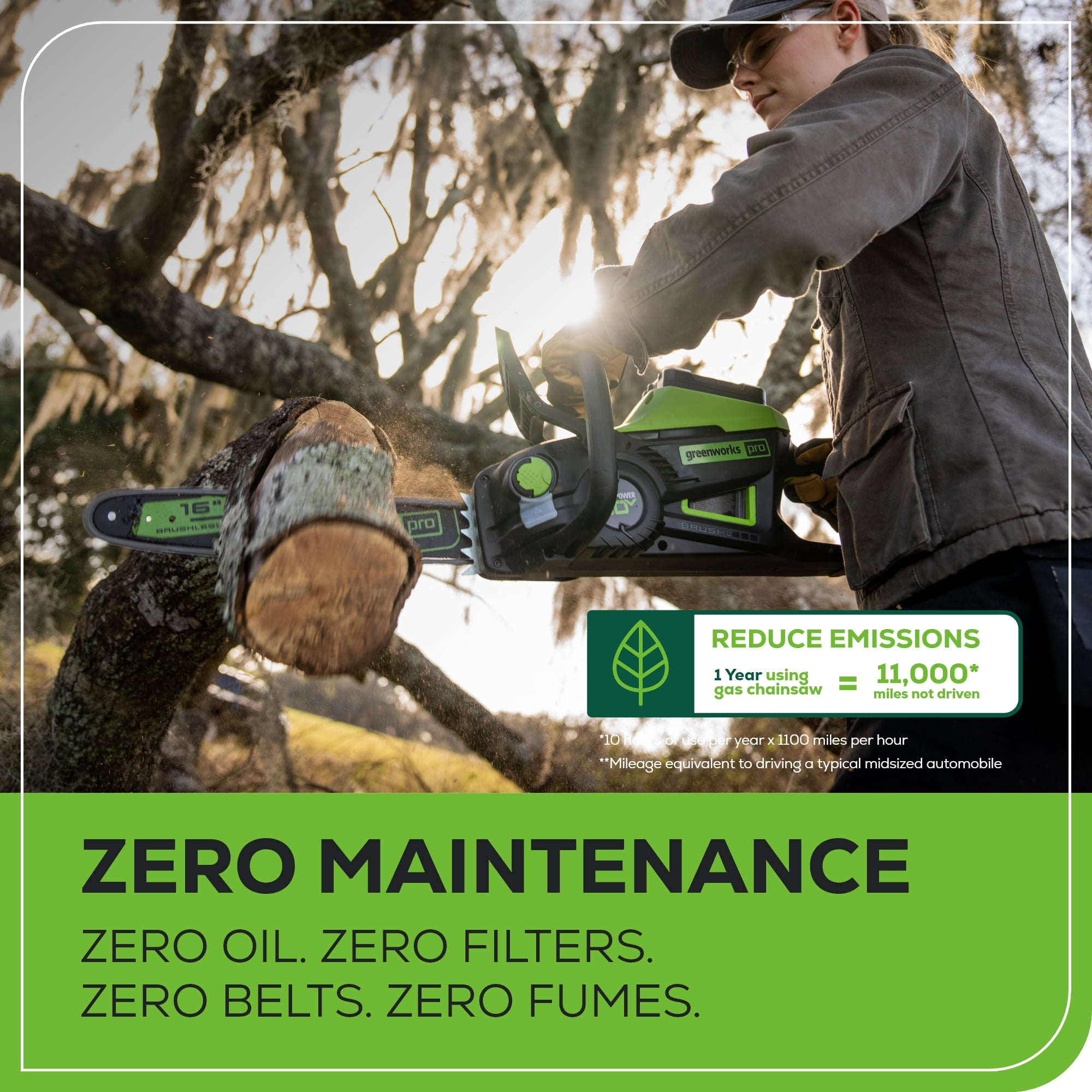 Greenworks Pro 60V 16 in. Brushless Cordless Chainsaw Kit with 2.5 Ah Battery and Charger (Green, 16 in) 4dqo4