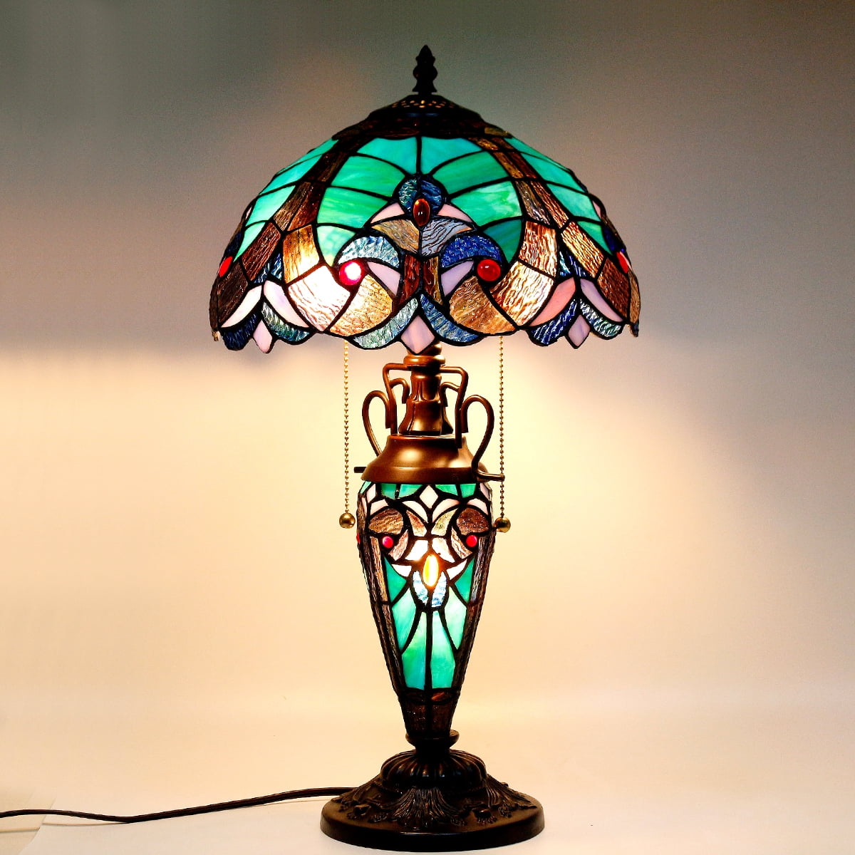 Werfactory Tiffany Style Stained Glass Table Lamp with Nightlight (Green, 22 in) j3pg1