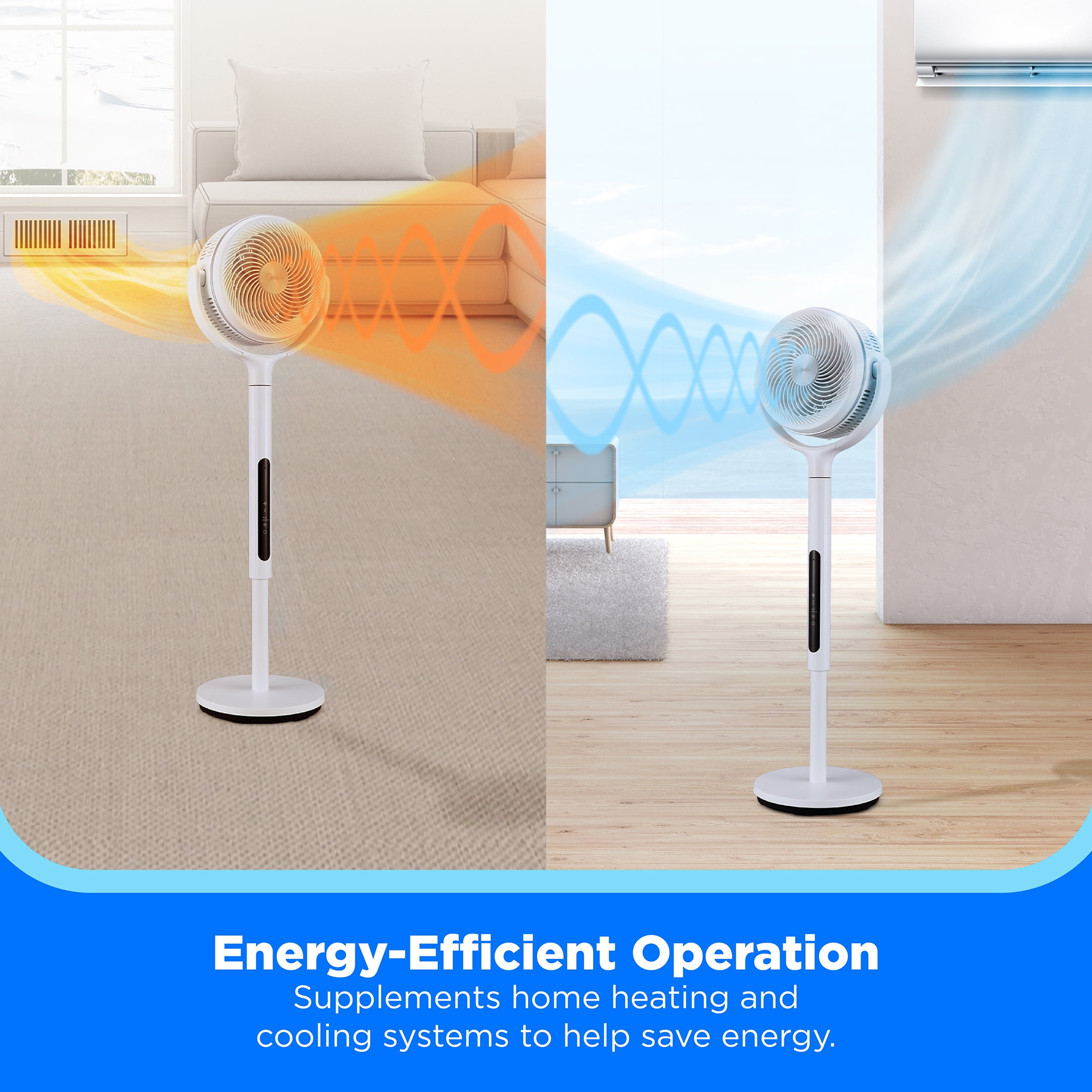 Midea Smart Pedestal Fan with Remote, 12-Speed Adjustable Height Oscillating Cooling Fan (White, 33.9-44.1 in) to45o