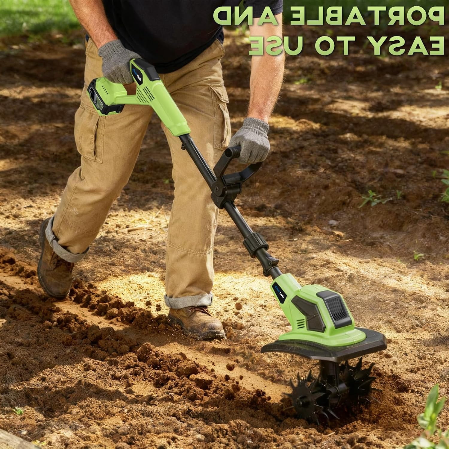 Protmex Cordless Garden Tiller Cultivator, Electric Rototiller for Soil Preparation, 9 in Tilling Width, 6.7 in Depth (21V, 2 x 4.0Ah Batteries) dmpt8