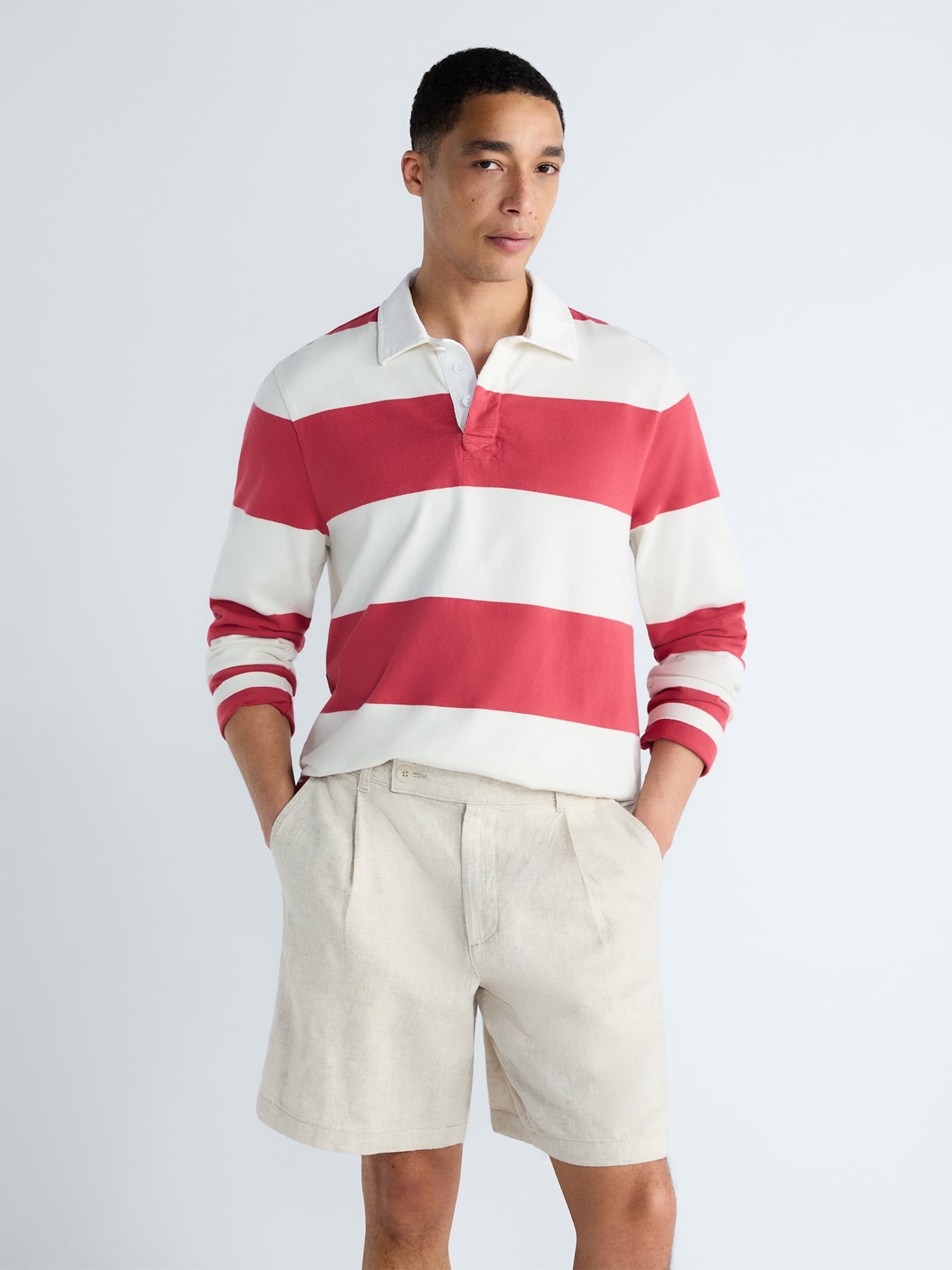 Free Assembly Men's Striped Cotton Rugby Shirt Long Sleeve Casual Pullover (Red, S) jk9hv