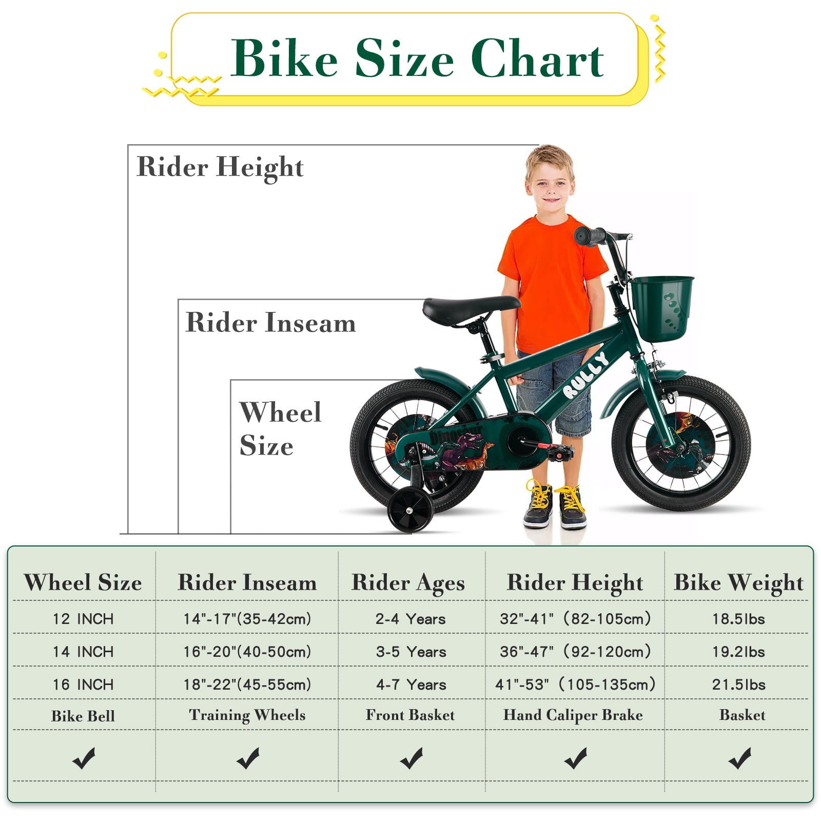 RULLY Dinosaur Kids Bike for Boys, Training Wheels, Basket, Coaster Brake (Green, 16 in) s1aor