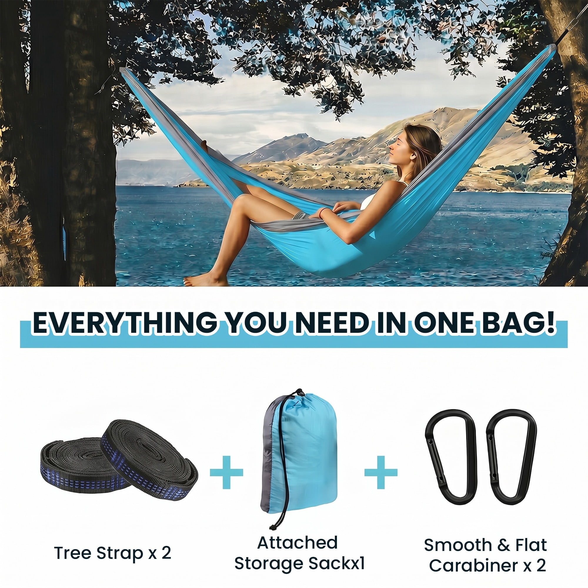 KOYMISKU Camping Hammock, Lightweight Portable Parachute Nylon Hammock with Tree Straps (Blue, 106.3 in x 55.1 in) tjo68