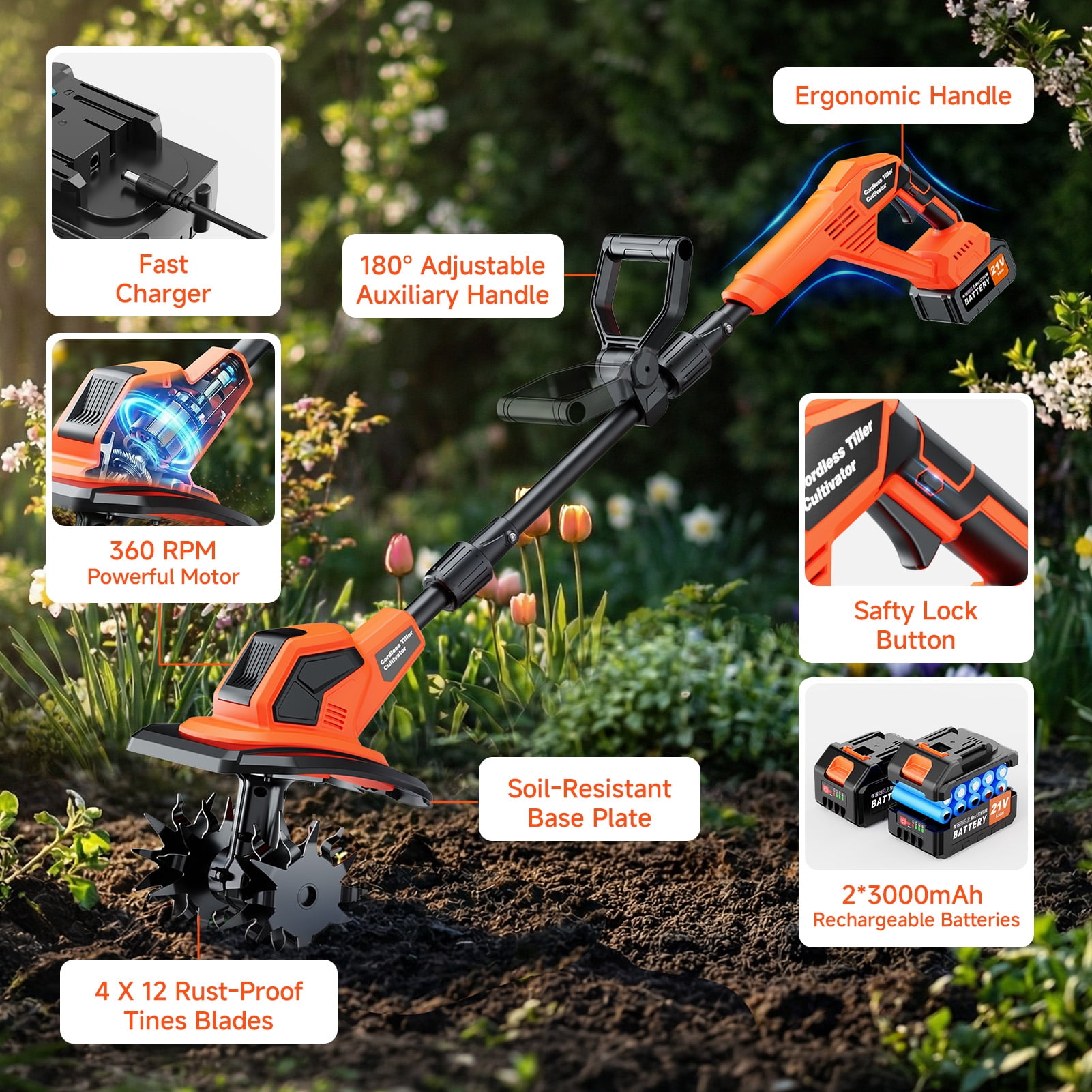 Tanbaby Cordless Electric Tiller Cultivator, Garden Rototiller with Dual 4.0Ah Batteries, 21V Brushless Motor (9 in Width, 6.7 in Depth) rvri7