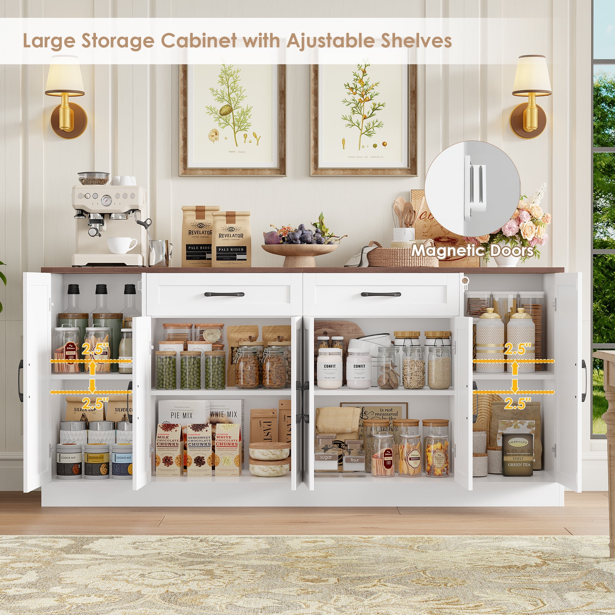 Hiphuta Modern Farmhouse Buffet Cabinet, Sideboard with 6 Doors and 2 Drawers for Kitchen and Dining Room (White, 70.87 in W x 15.75 in D x 34.25 in H) j9ays