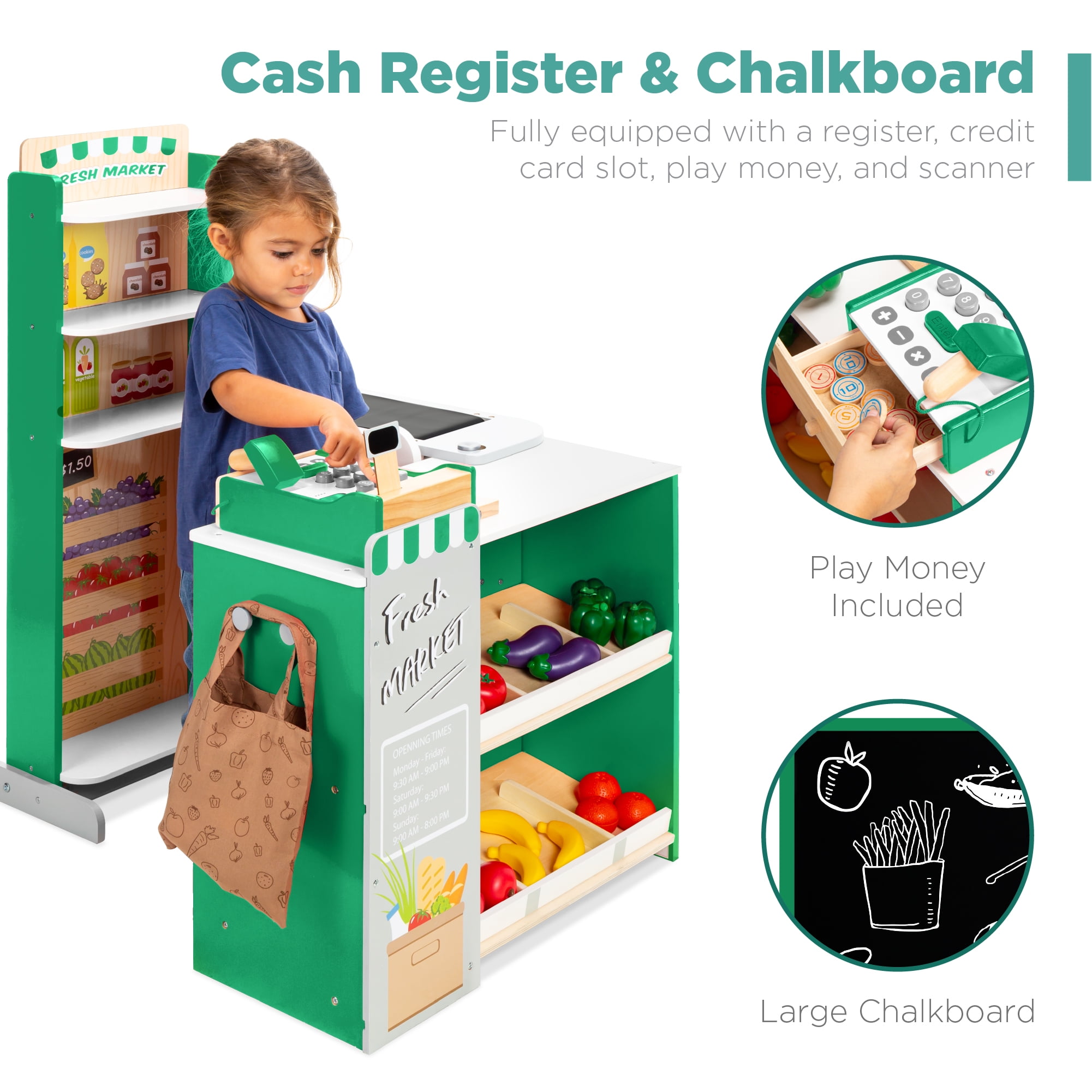 Best Choice Products Kids Pretend Play Grocery Store Wooden Supermarket Set with Chalkboard and Cash Register (Green, 35 in x 23 in x 36 in) plnd3