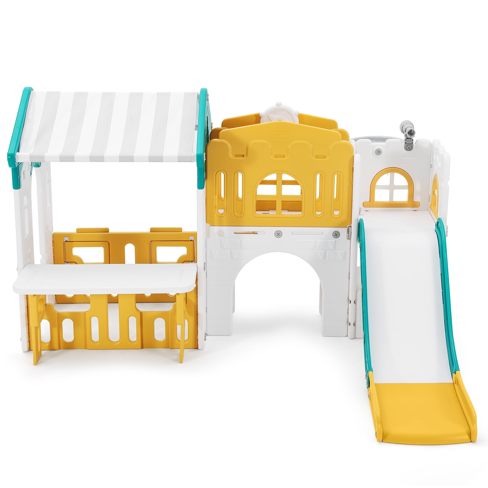 Joyldias 9-in-1 Toddler Slide and Playhouse Playset with Basketball Hoop and Climbing Ladder (Green, Yellow, White) k0fc2