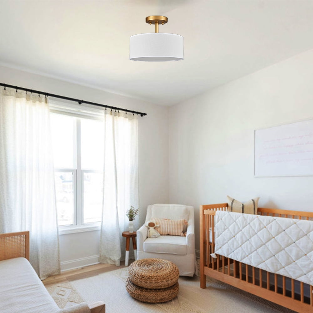 Claxy Modern Gold Flush Mount Ceiling Light Fixture with Beige Linen Drum Shade (11.81 in x 9.17 in) ahm55