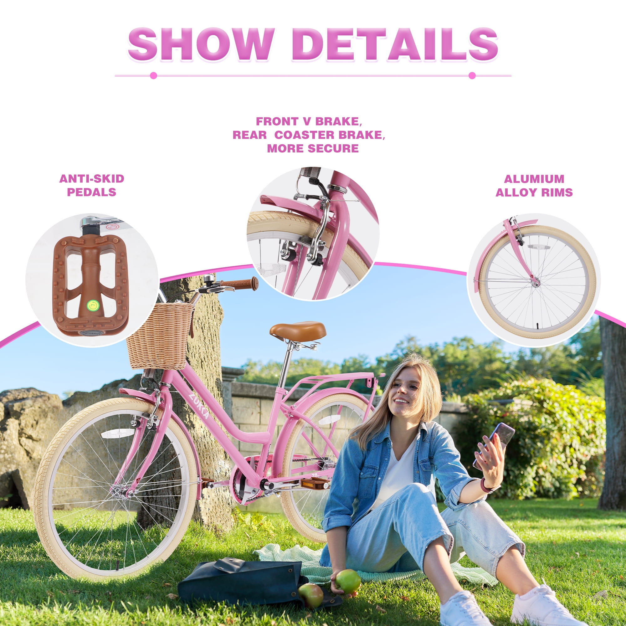 Zukka 24 inch Cruiser Bike City Commuter Bicycle with Woven Basket (Light Pink, 24 in) z0oyt