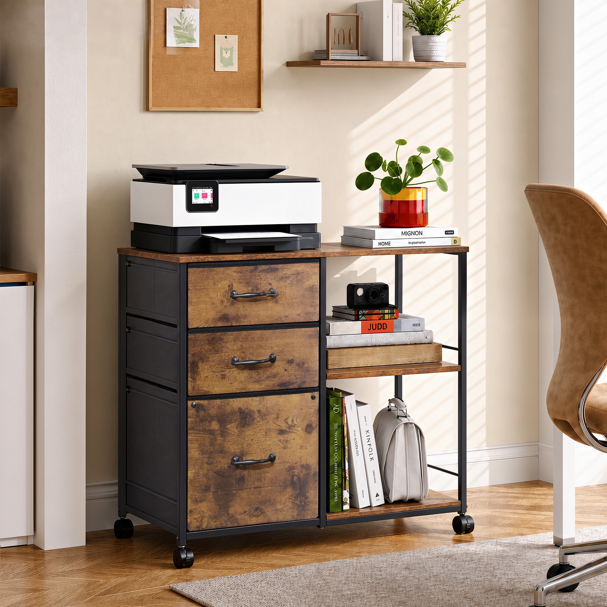 GALAXHERO 3-Drawer Rolling File Cabinet, Mobile Printer Stand with Side Storage, Rustic Brown Wood Grain (Fits Letter/A4) zs2sv