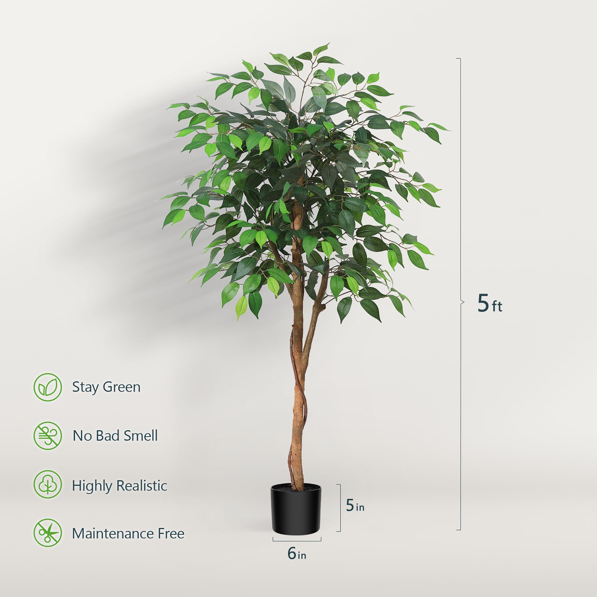 DR.Planzen Artificial Ficus Tree, Lifelike Indoor Floor Plant with Natural Wood Trunk (Green, 60 in) jofpa