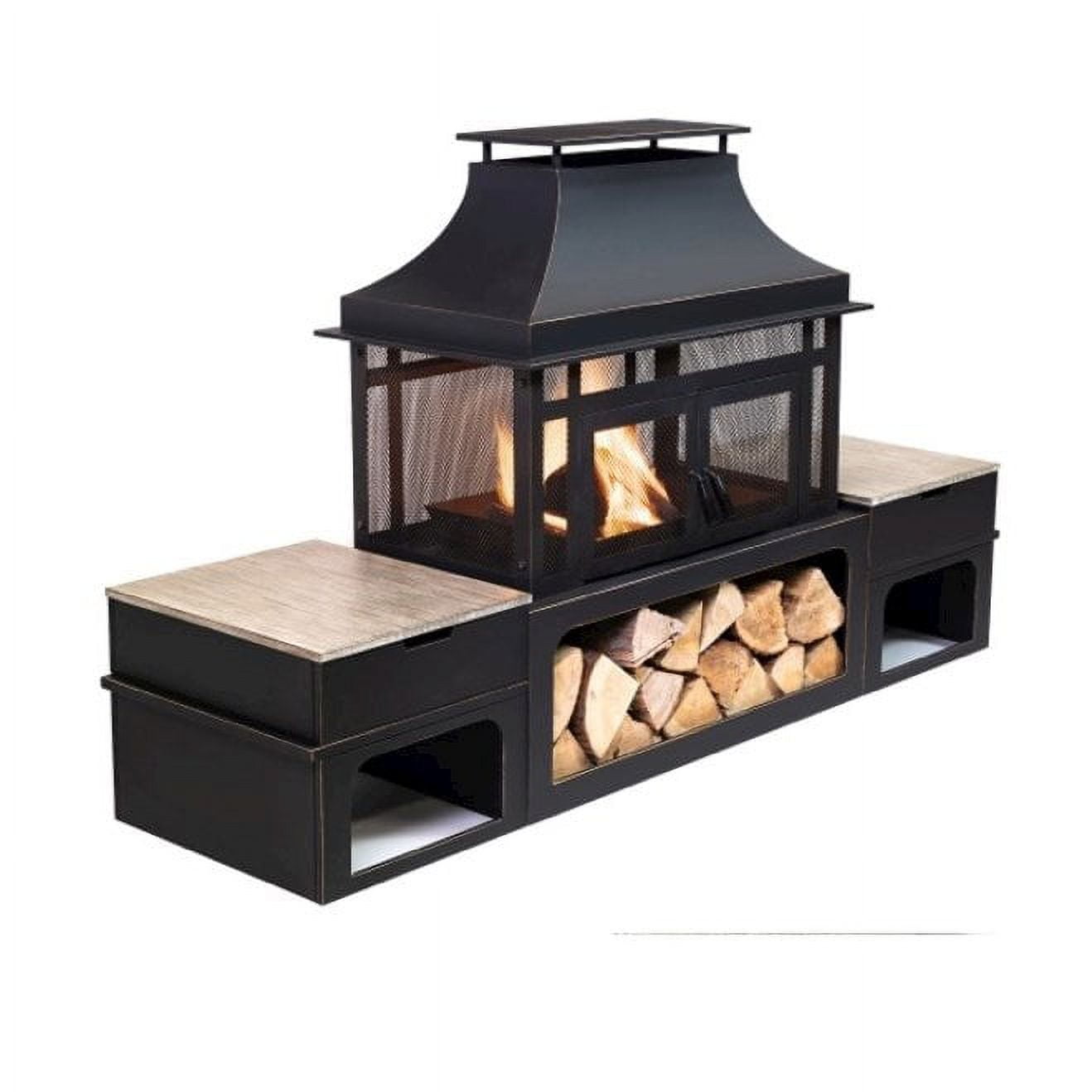 Deko Living Rectangular Outdoor Wood Burning Fire Pit with Log Storage and Side Tables (80 in x 21.65 in) or0ag