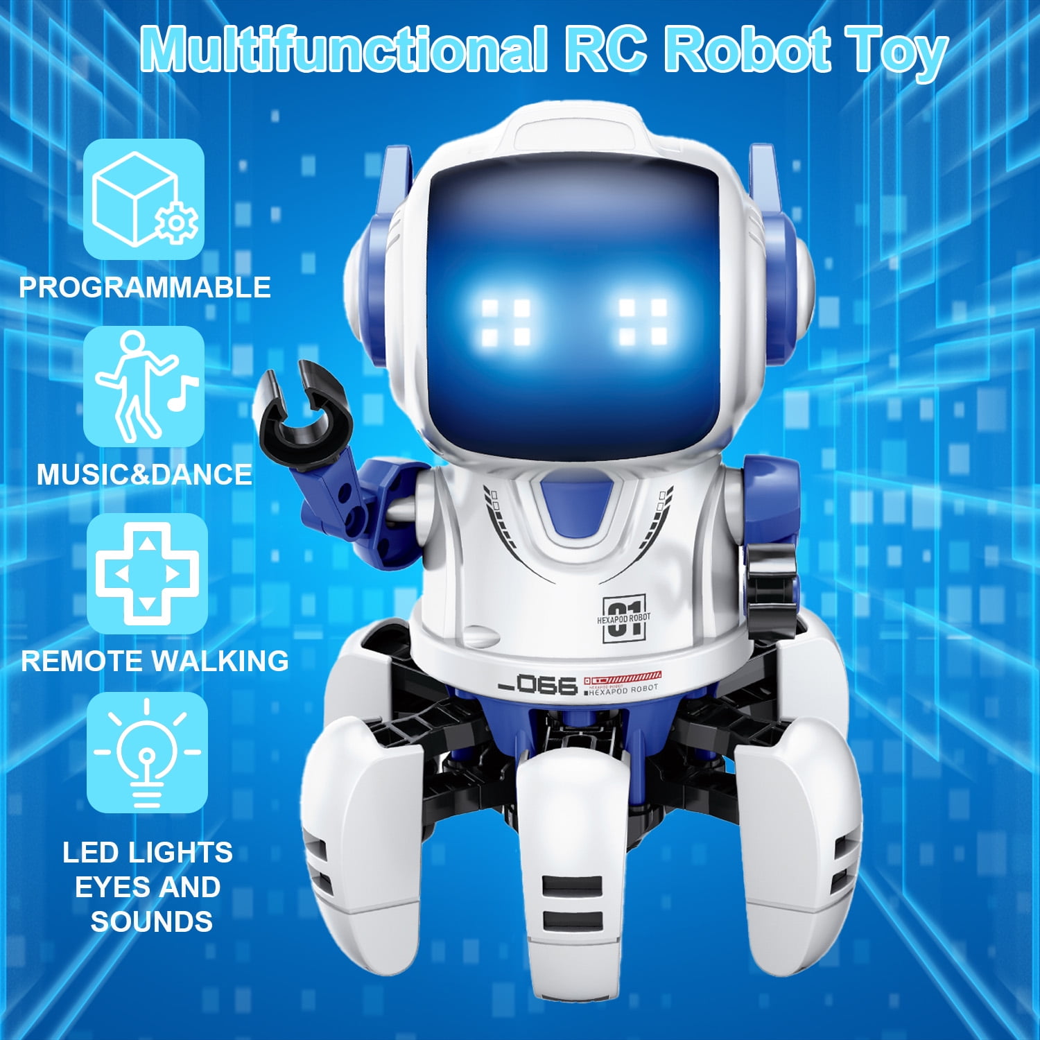 Lvelia Intelligent Programmable RC Robot Toy, Interactive Walking Dancing Smart Robot with LED Eyes and Remote Control (White) 95pet