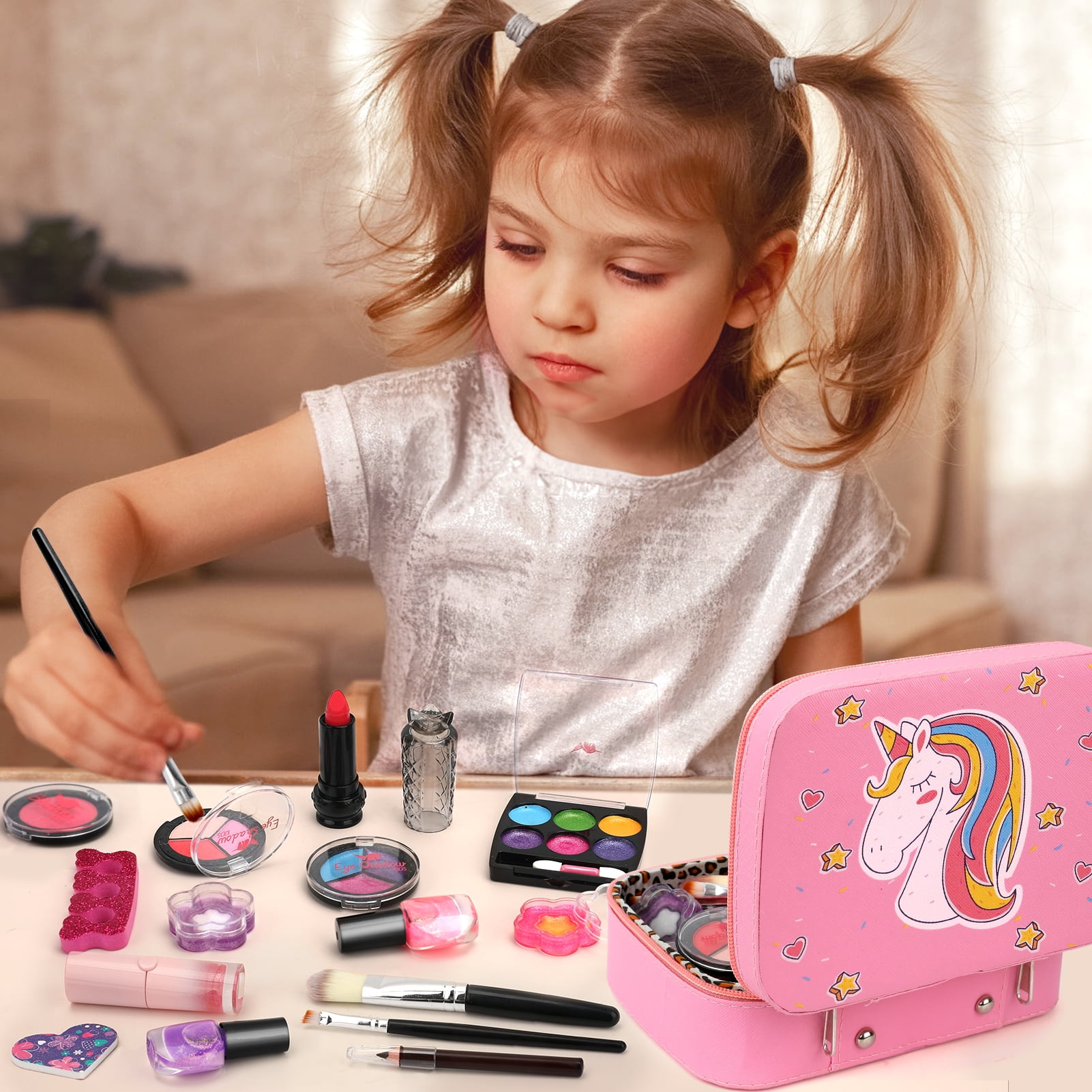 Sendida Washable Kids Makeup Kit for Girls, Pretend Play Cosmetic Set with Makeup Bag (25 Pieces) 6ltc7