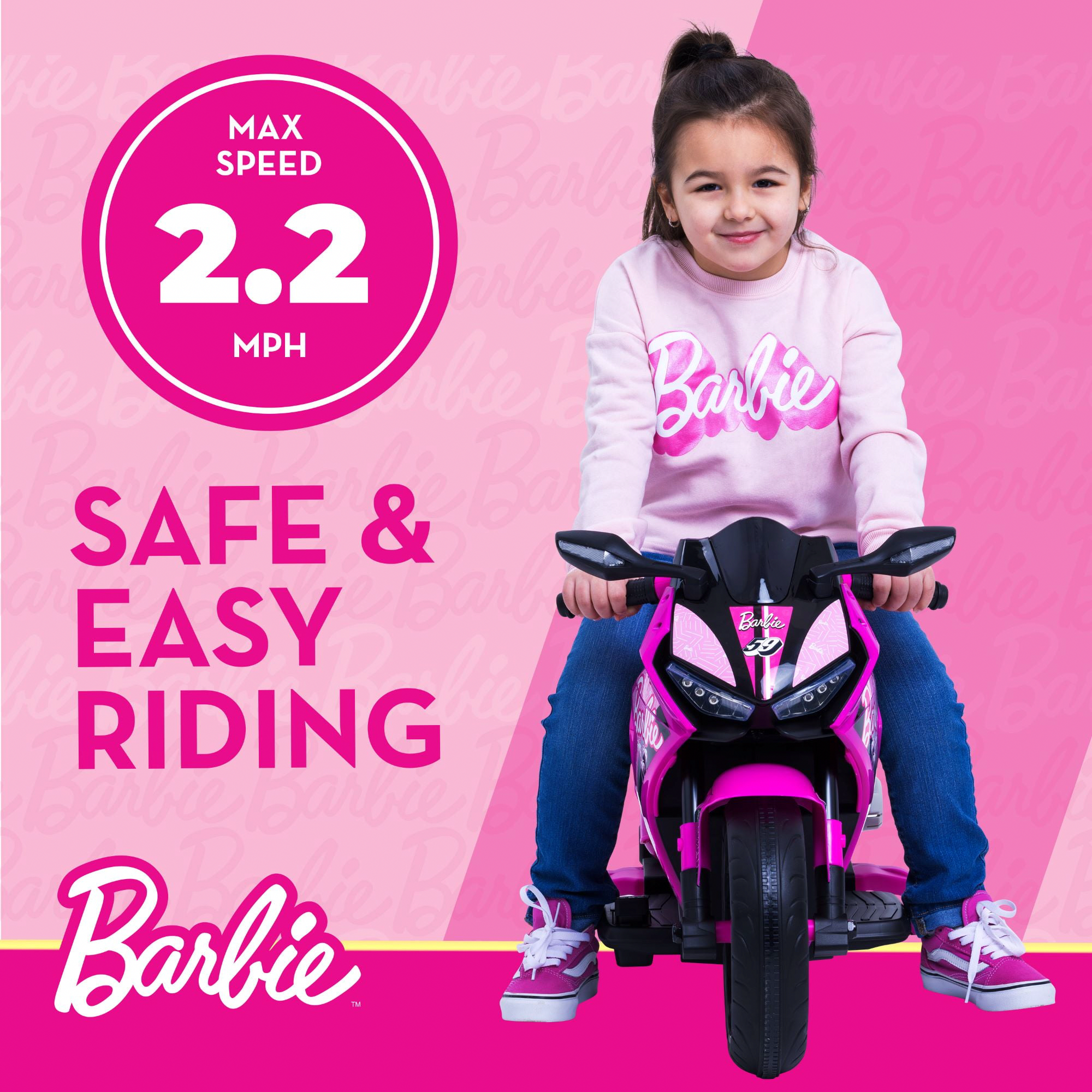 Barbie 6V Electric Motorcycle Ride-On Toy with Training Wheels (Pink, 65 lb Capacity) qed66