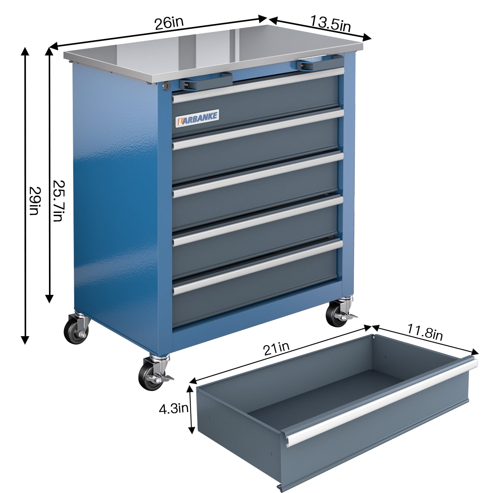 LARBANKE Rolling Tool Chest 5-Drawer Cabinet with Stainless Steel Top (Blue, 26 in x 13.5 in x 29 in) zks2v