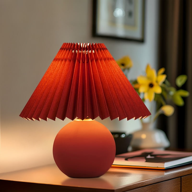 Brightech Serena LED Table Lamp, Retro Asian-Inspired Ceramic Globe Base with Pleated Shade (Red, 10 in) 5161e