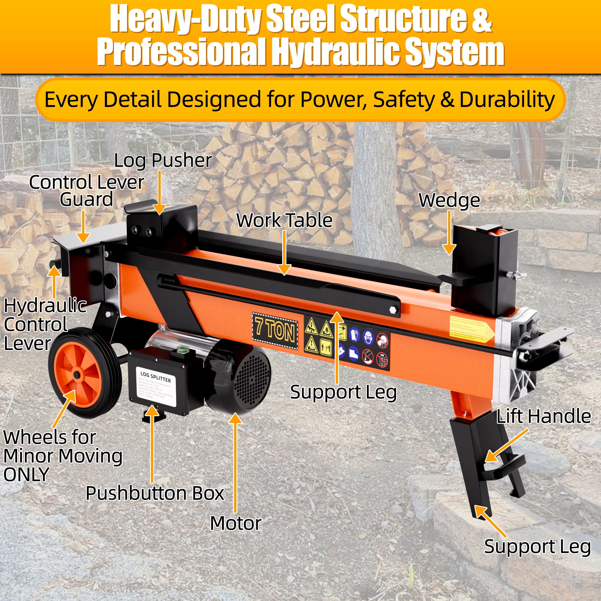 Generic 7 Ton Electric Log Splitter, Hydraulic Wood Splitter with Detachable Cross Blade (Orange, 21.2 in) 91zbt