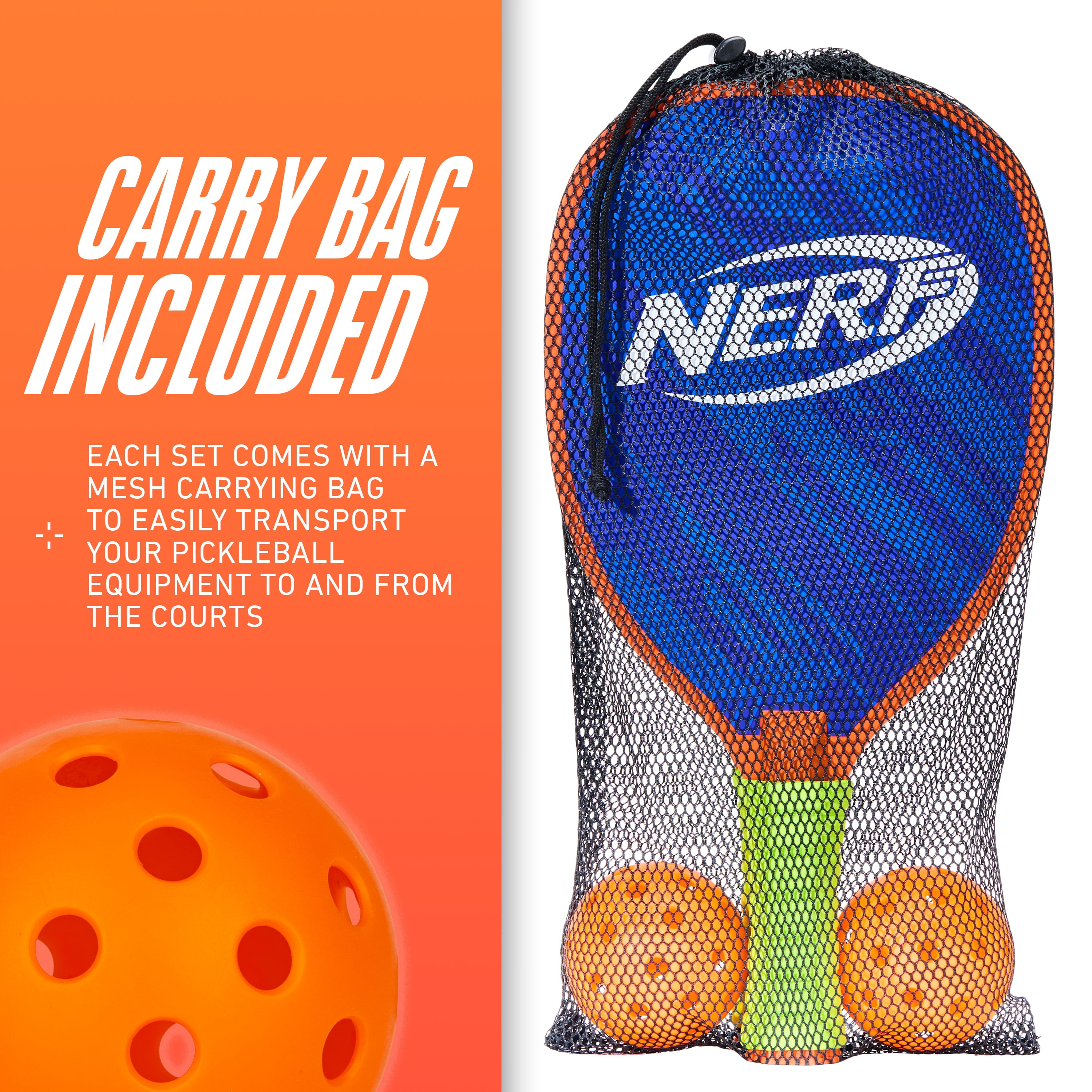 Nerf 2 Player Pickleball Paddle Set with Mesh Carry Bag (Blue/Green, 4-Piece Set) g9it1