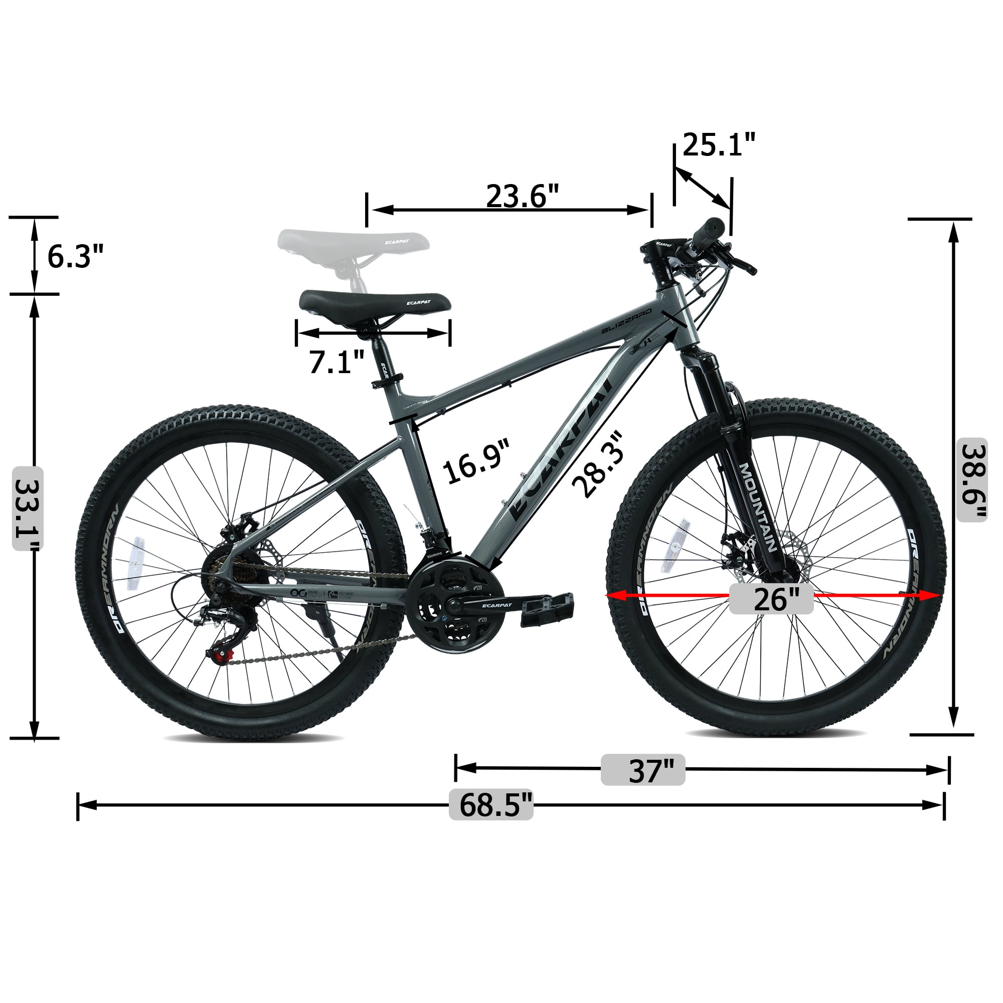 Monniyu Mountain Bike 26 in Wheel 21-Speed Aluminum Frame with Front Suspension and Disc Brakes (Grey, 26 in) ahskq