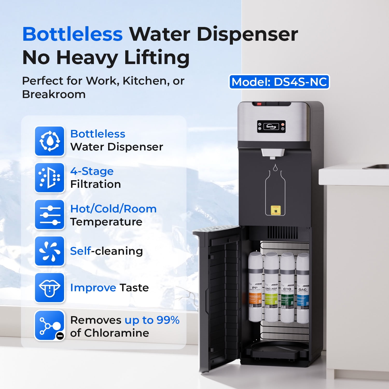 iSpring 4-Stage Filtration Water Dispenser with Self-Cleaning Function (Silver, 11.8 in x 14.1 in x 41.7 in) 3k7es