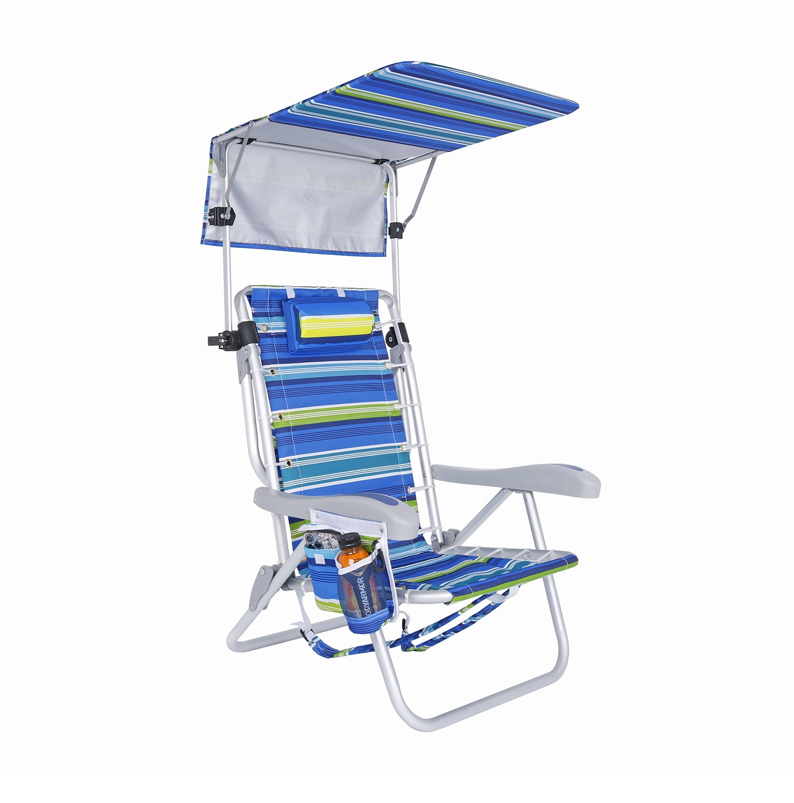 Beachmall Heavy Duty Aluminum Folding Backpack Beach Chair with Canopy and Cooler (Blue, 300 lb Capacity) 0x0qx