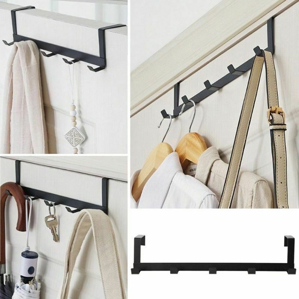 Lingouzi Over The Door Towel Rack with 5 Hooks, Heavy-Duty Metal Organizer for Bathroom and Bedroom (Black, 1.77 in) 86zcj
