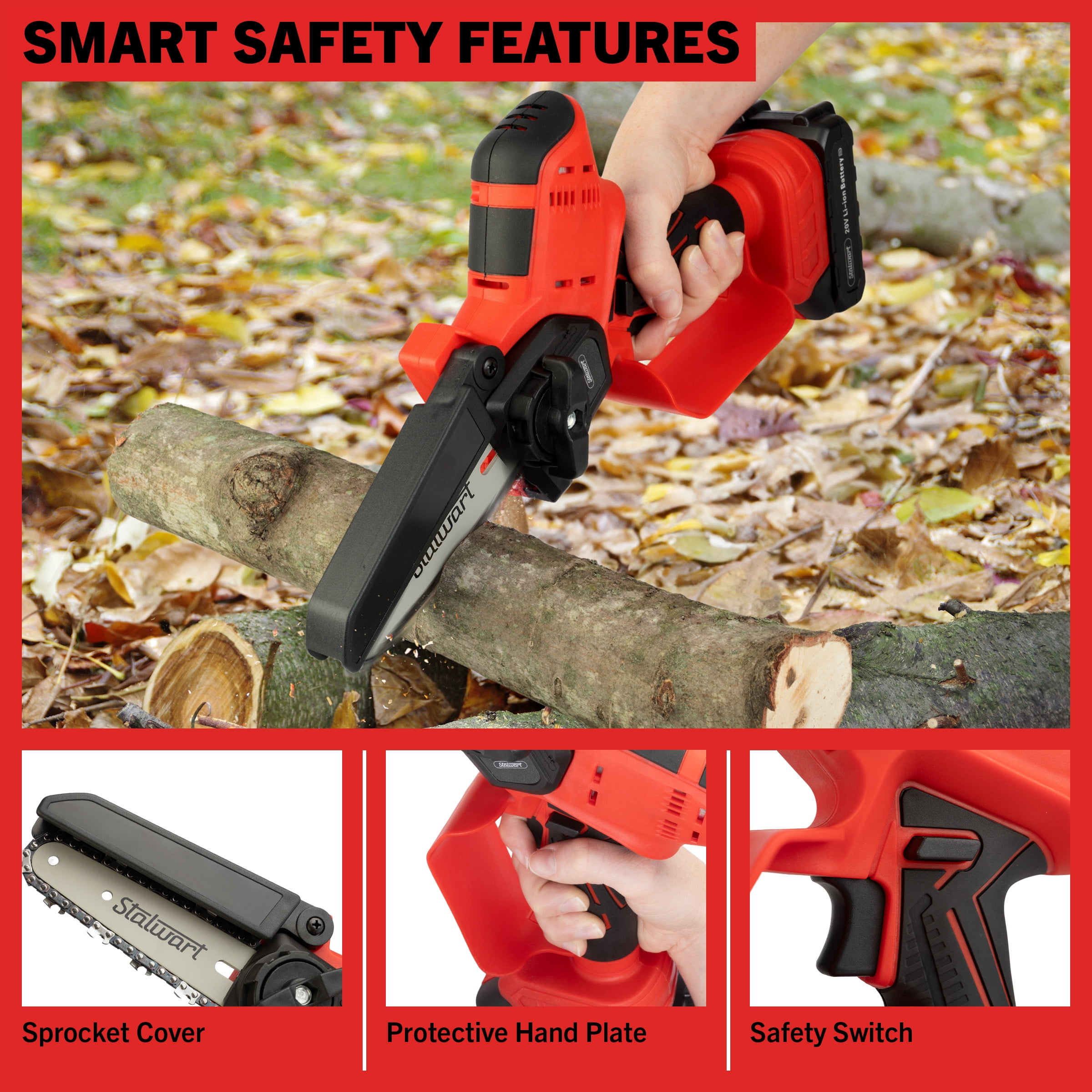 Stalwart 5-Inch Mini Chainsaw, Cordless Electric Power Tool with 20V Lithium Ion Battery (Red, 5.29 lb) 1478j
