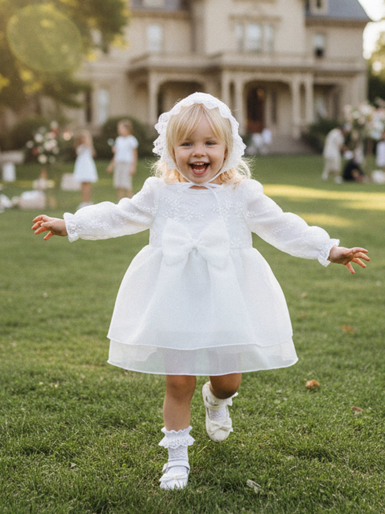 BemeyourBBs Newborn Baby Girls Tulle Tutu Dress with Hat, Floral Embroidery Long Sleeve Christening Outfit (White, 0-6 Months) eqz3w