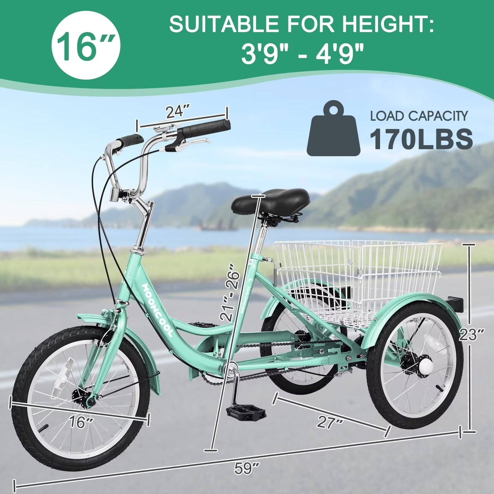 Lilypelle 3-Wheel Tricycle for Kids and Adults, Stable Cruiser Bike with Rear Storage Basket (Cyan, 16 in) yvct6