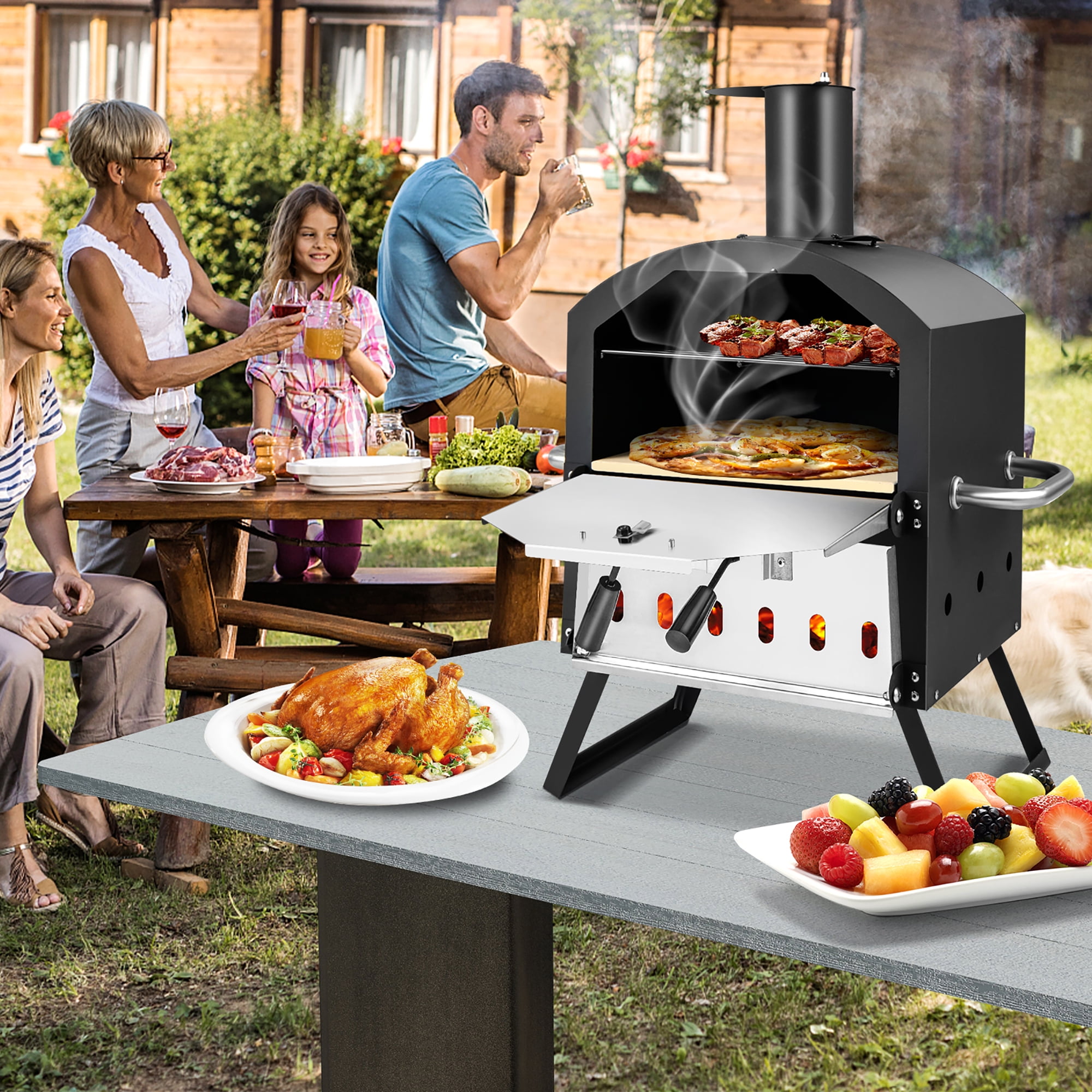 Costway 2-Layer Wood Fired Pizza Oven Outdoor Grill with Waterproof Cover (12 in x 12 in) m0tke